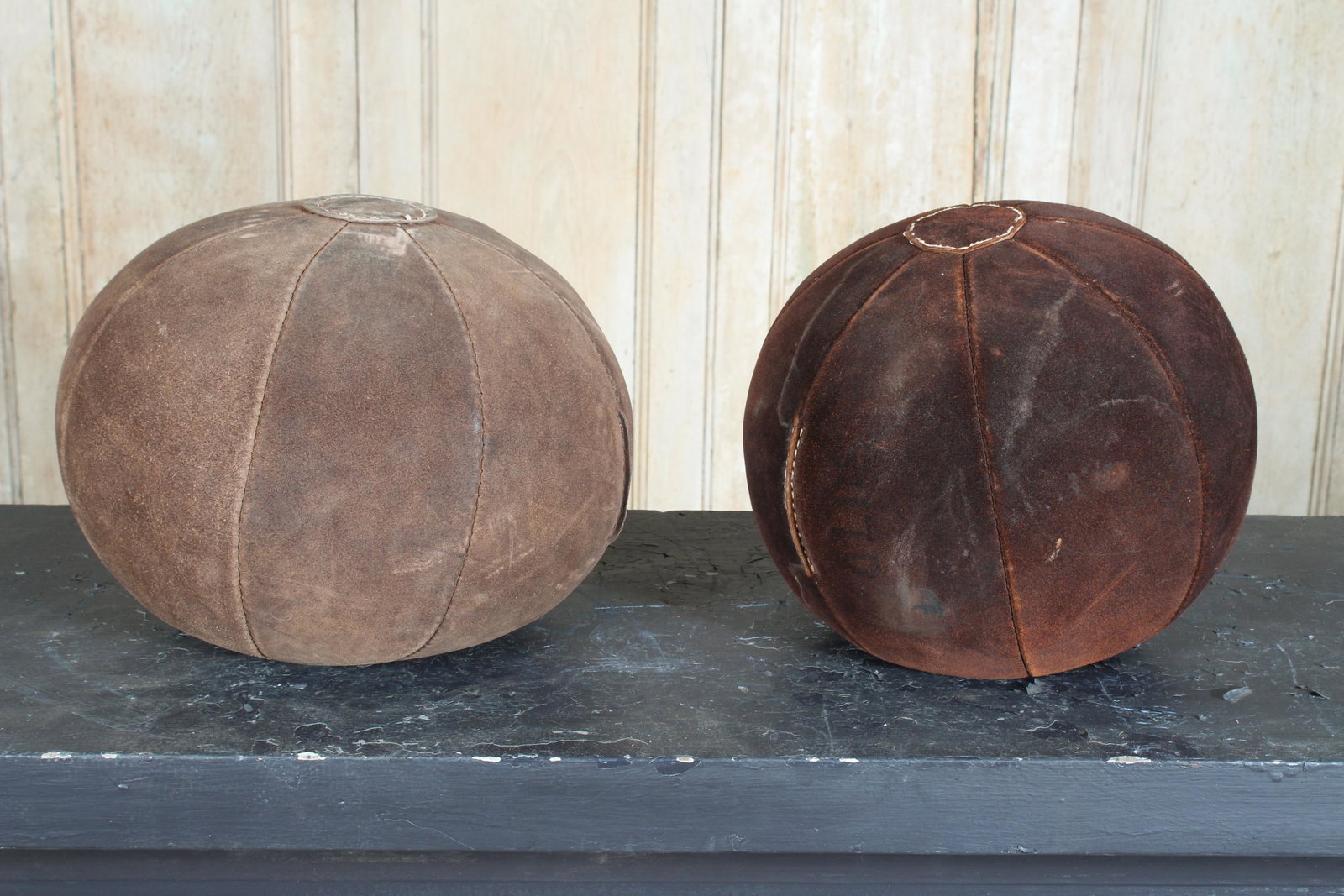 Pair Vintage Medicine Balls: Pair Vintage Medicine Balls. Size: approximately 11" diameter.