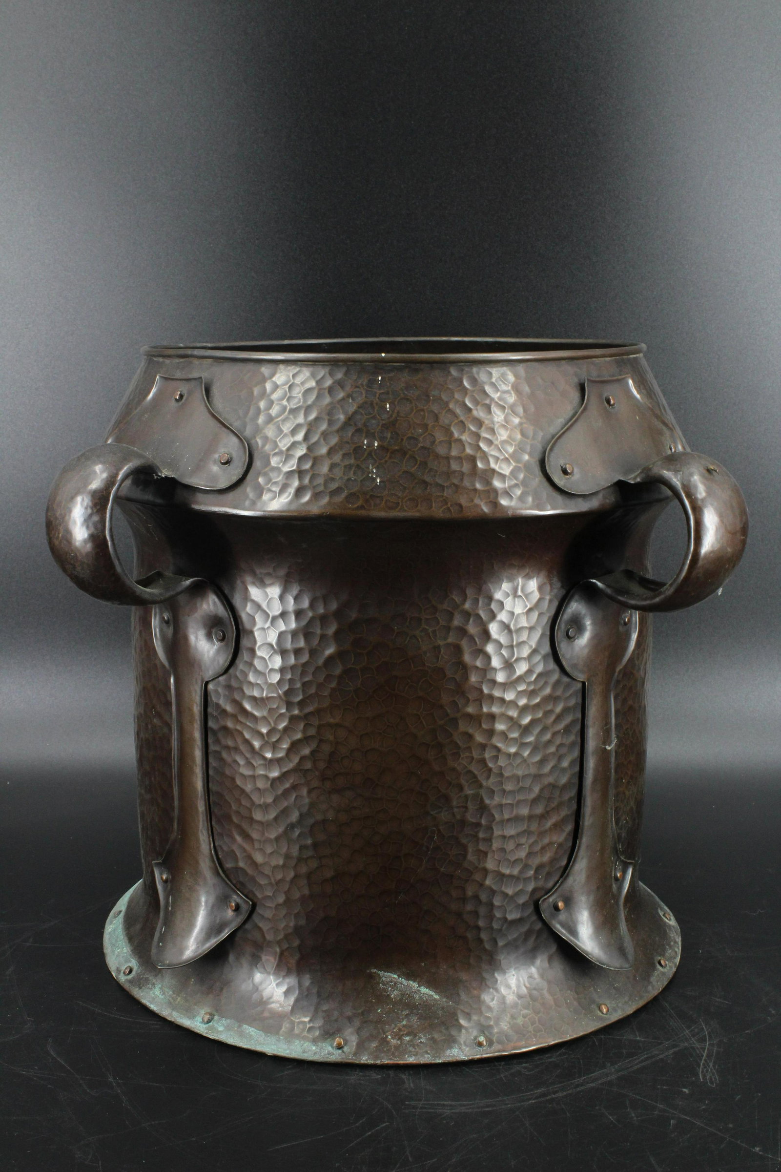 Arts and Crafts Hammered Copper Vessel: Arts and Crafts Hammered Copper Vessel or jardiniere, quadruple handled. Size:14.5" H x 18.5" W x 8.5" D