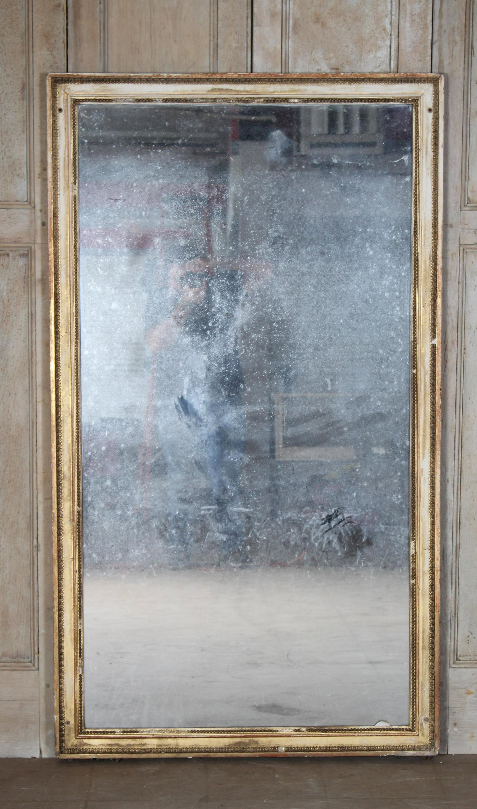 19th C French Gesso Over Wood Mirror: 19th Century French gilt wood mirror with egg and dart and bead decoration. Size: 72"H x 41"W