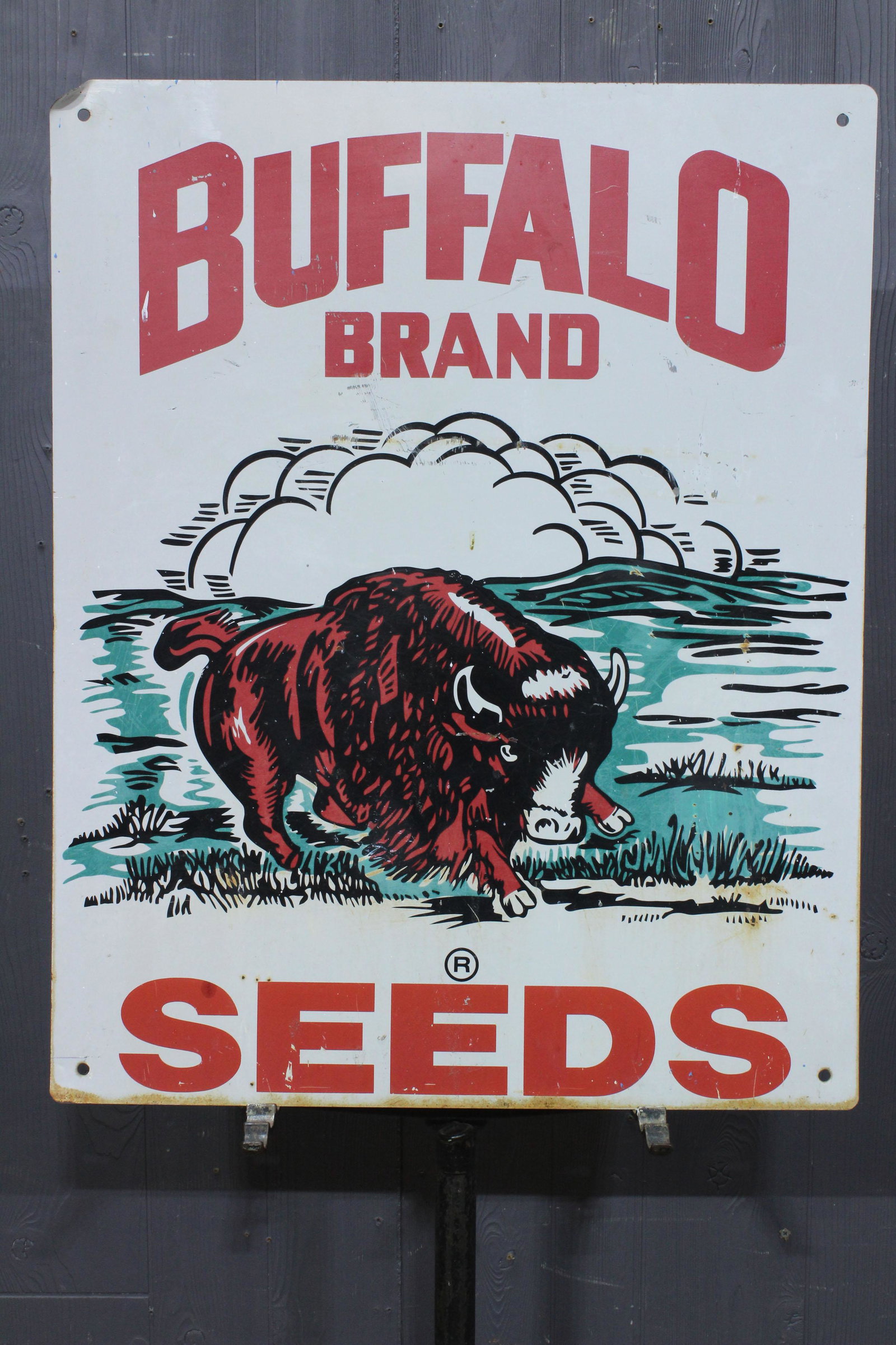 Buffalo Brand Seeds Porcelain over Iron Sign: Buffalo Brand Seeds Porcelain over Iron Sign, advertising. Size: 30" H x 24" W.