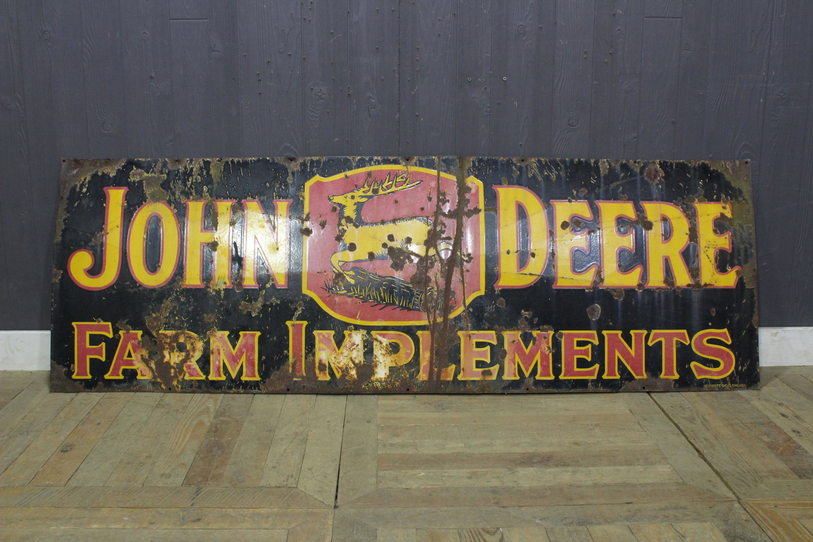 John Deere Farm Implements Porcelain Sign: John Deere Farm Implements Porcelain Sign, advertising, Veribrite Signs Chicago. Size: 24" H x 72" W.