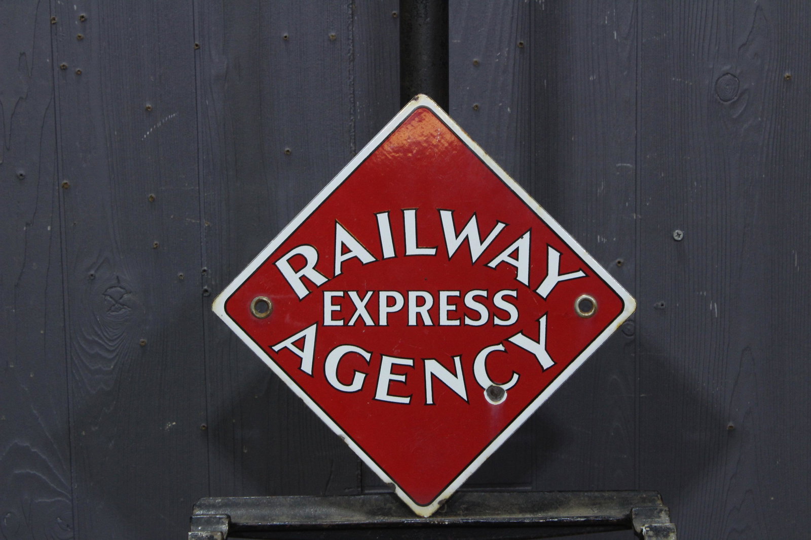 Railway Express Agency Porcelain on Iron Sign: Railway Express Agency Porcelain on Iron Sign, advertising. Size: 11" H x 11" W