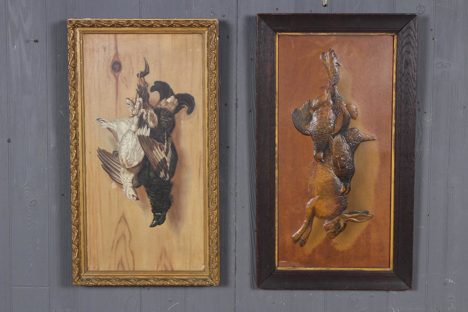 2 Game Trophy Works: 1 Oil On Canvas unsigned, 1 Embossed Print. Size: Largest: Framed: 28" H x 16" W x 1.5" D; Sight: 23.5" H x 11.5" W