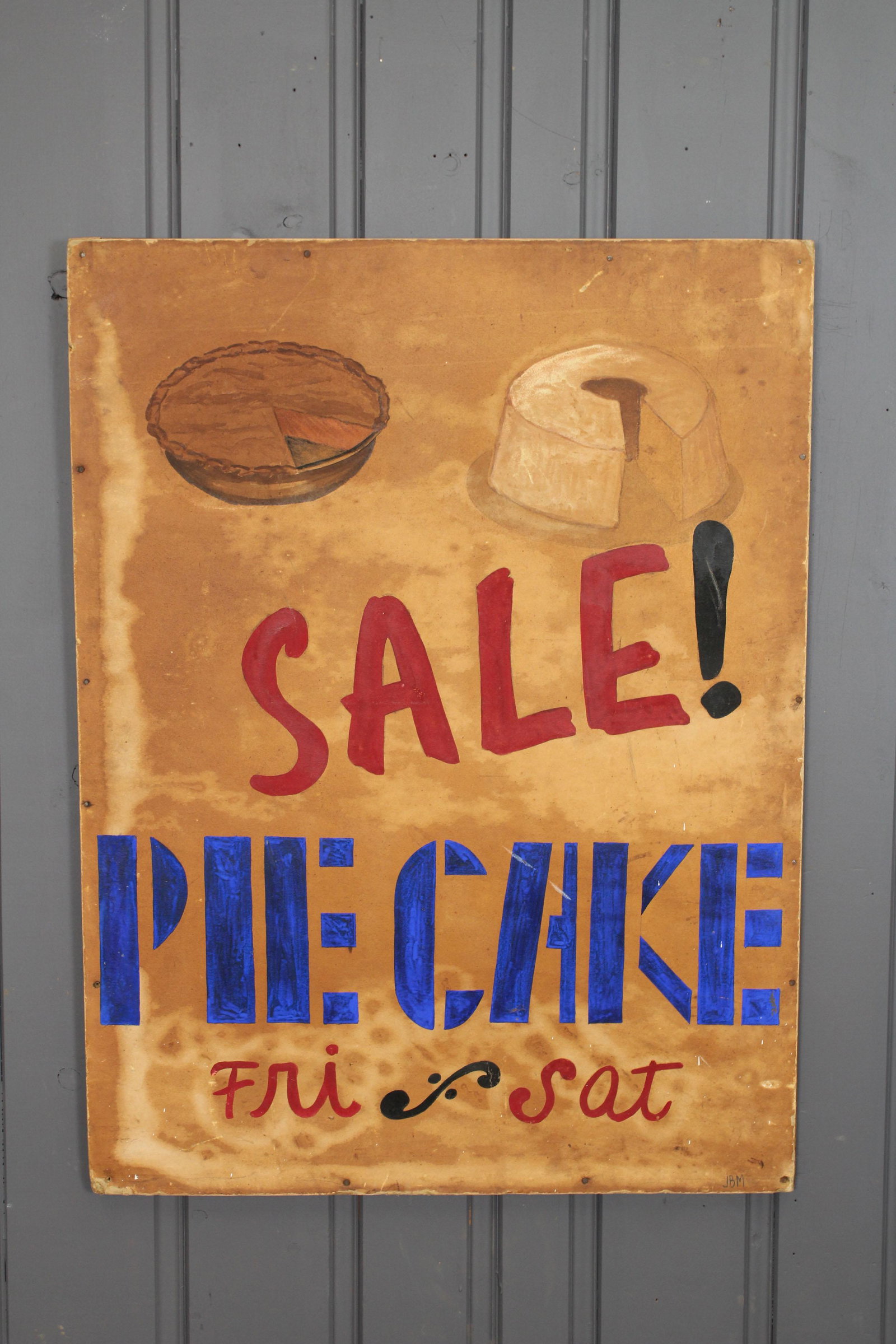 Vintage Painted Roadside Advertising Sign: A vintage painted advertising sign "Sale Pie Cake" Size: 48"H x 36"W