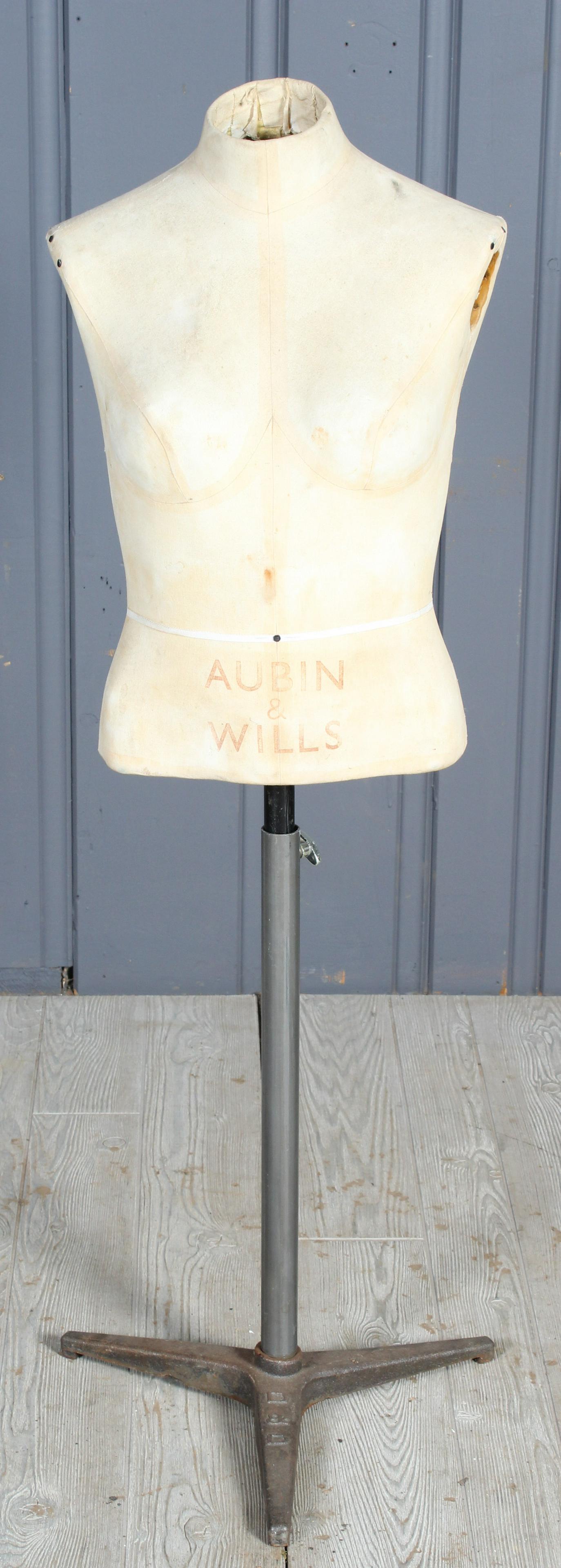 Aubin & Wills English Mannequin: Aubin & Wills English Mannequin, or dress form on metal stand, stamped on front. Size: 44.5" H x 14" W x 12.5" D