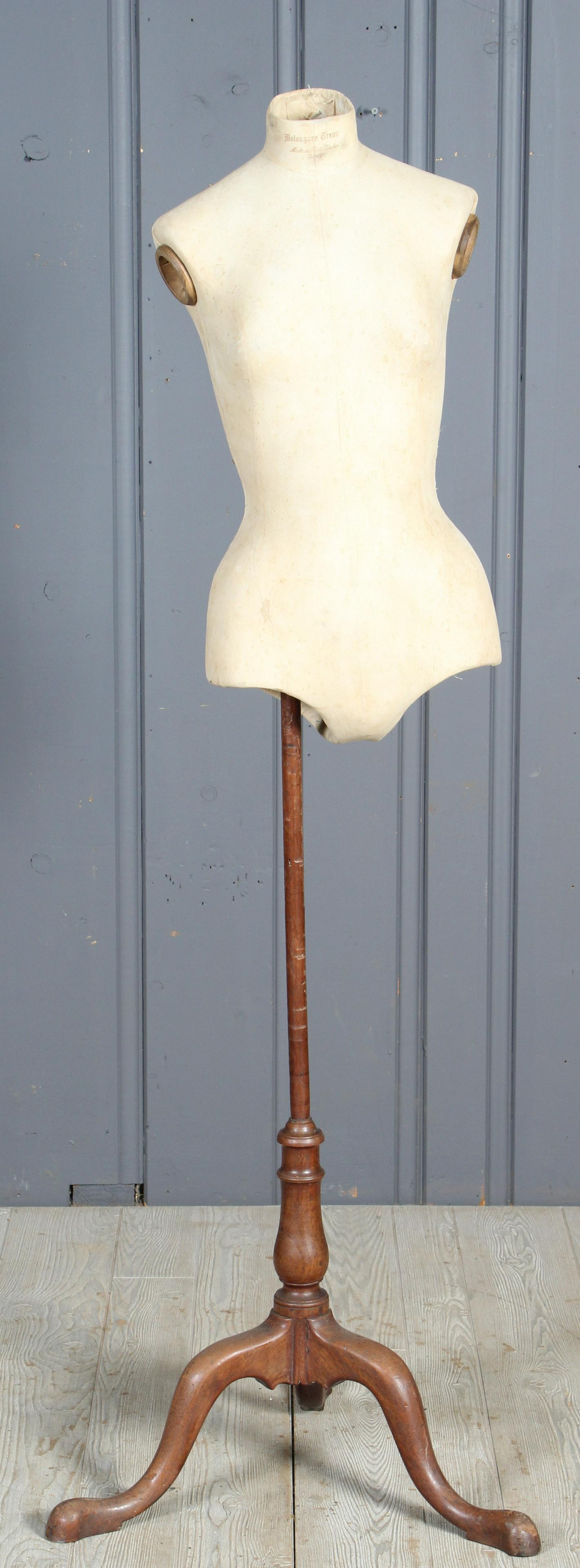 English Mannequin: English Dress Form, mannequin on stand, stamped at neck "Bolongaro Trevor, Made in East London, Est. 1832". Size: 63" H x 22" W x 20" D