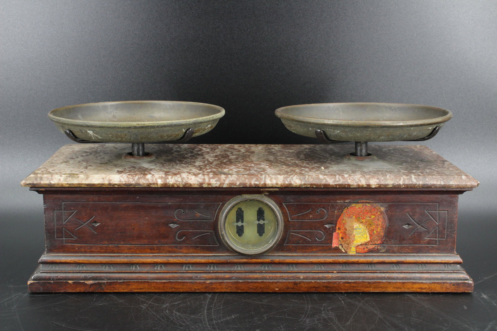Henry Troemner Balance Scale with Marble Top: Henry Troemner Balance Scale with Marble Top, carved case, two pans, partial label on one side, marked "N.Y.C. Appd. Type No 17, Serial No. W-2". Size: 7" H x 19" W x 8.5" D.