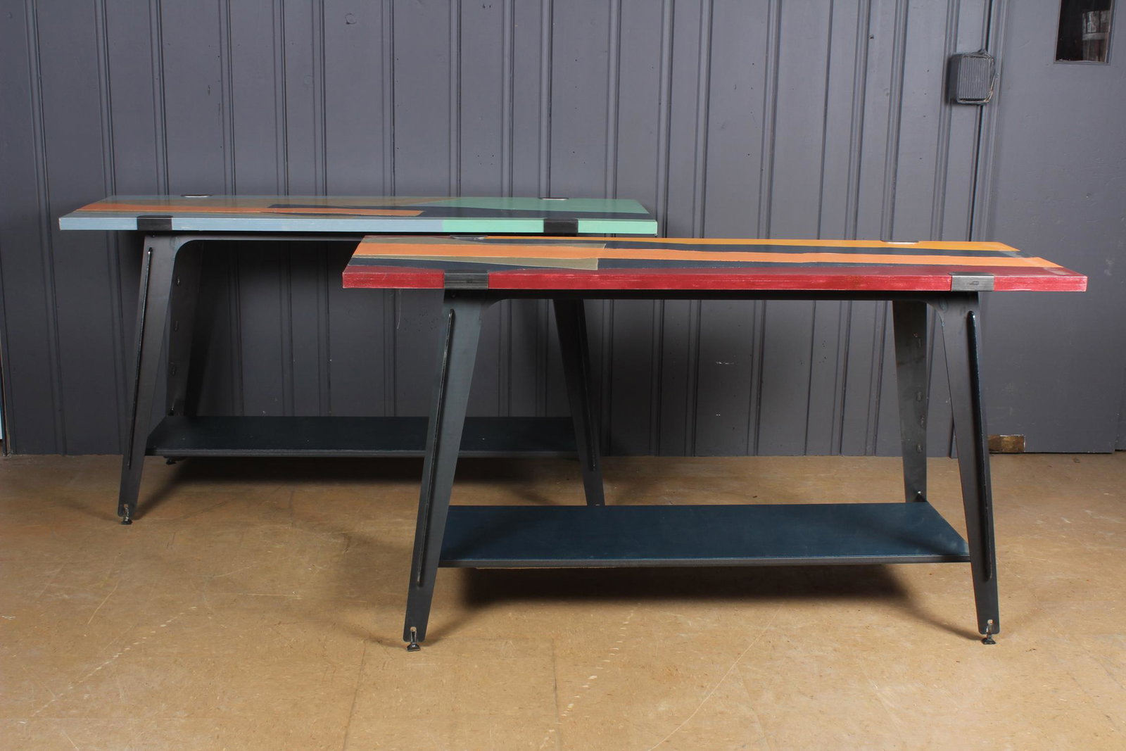 Pair Pieced Canvas Top Pub Height Tables: Pair Industrial Style Pieced Canvas Top Consoles. Lower tier shelf is black. Size: 1.) 38" H x 70" W x 23.5" D.