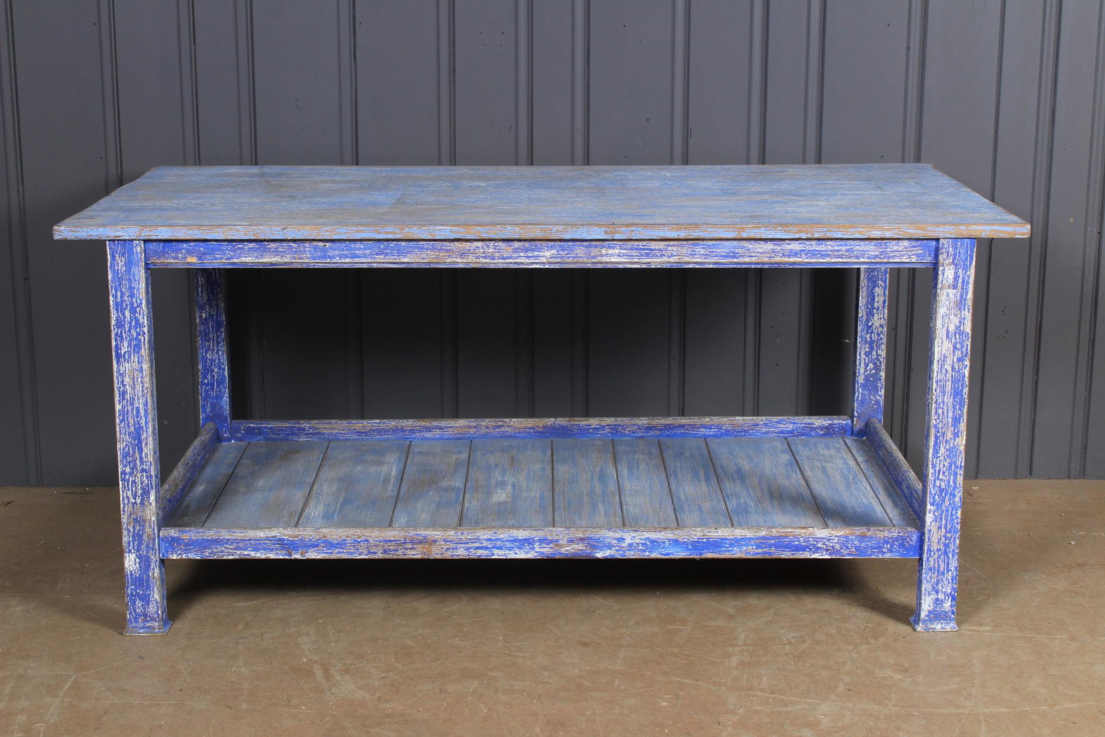 Distressed Paint Decorated Work Table: Distressed Paint Decorated Work Table. Wood. Size: 31" H x 70" W x 34" D.