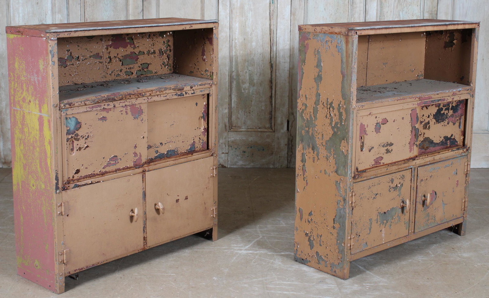 2 Distressed Industrial Cabinets: 2 Industrial Cabinets, open shelf, above two sliding doors, above two cabinet doors. Size: 41.5" H x 36" W x 13" D