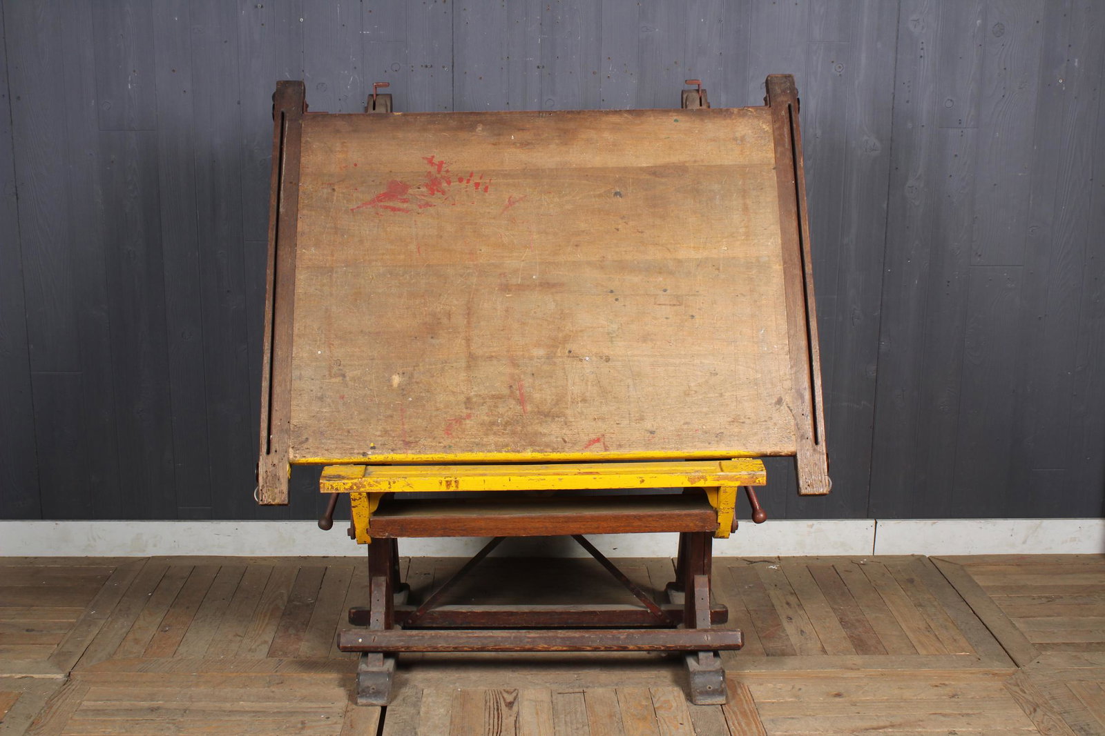 Architect's Table: A good French early 20th century mechanical architects table with adjustable top. Height variable. Size: 54.5" H x 49.5" W x 27" D