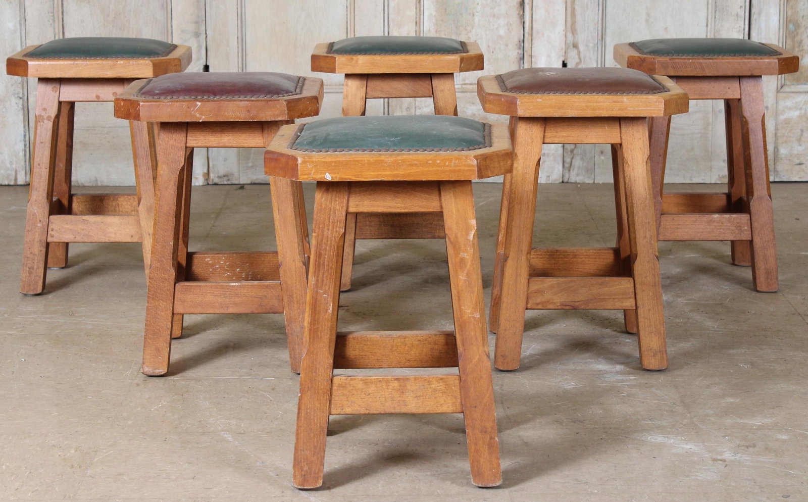 6 Continental Oak Stools: 6 Oak Stools, octagonal leather seats with tack trim. Size: 20" H x 14" W x 14" D