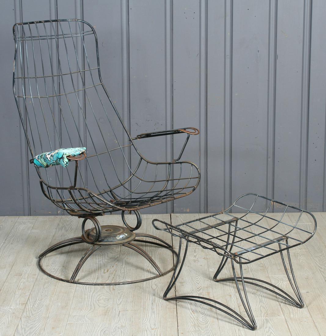 New Jersey Swivel Spring Patio Set: A vintage wrought iron mid century modern New Jersey Spring swivel high back arm chair and ottoman. 42" H x 30" W x 27" D