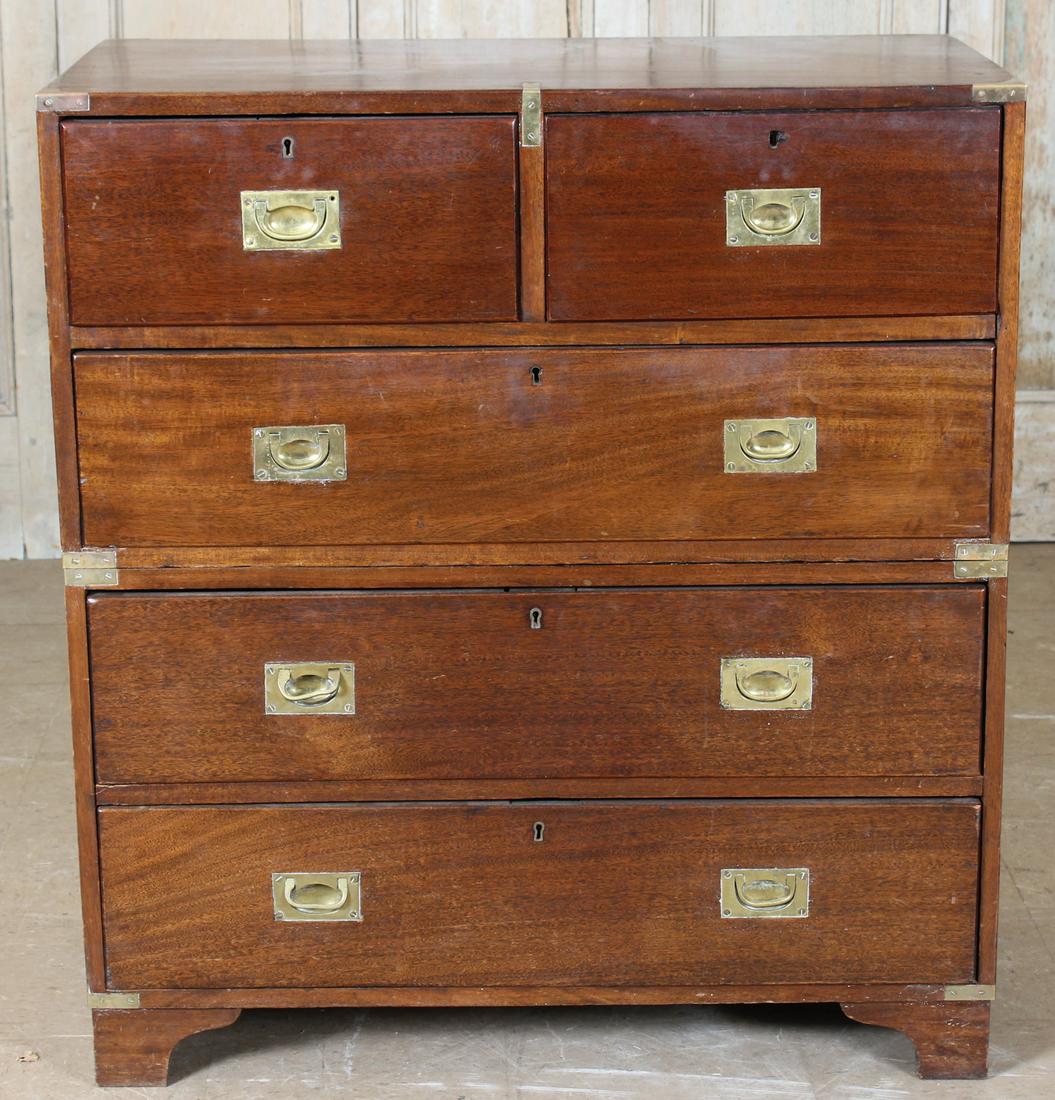 Campaign Chest: A late 19th early 20th century Campaign chest having two over three drawers all raised on bracket feet. Size: 39.5"H x 36"W x 19"D