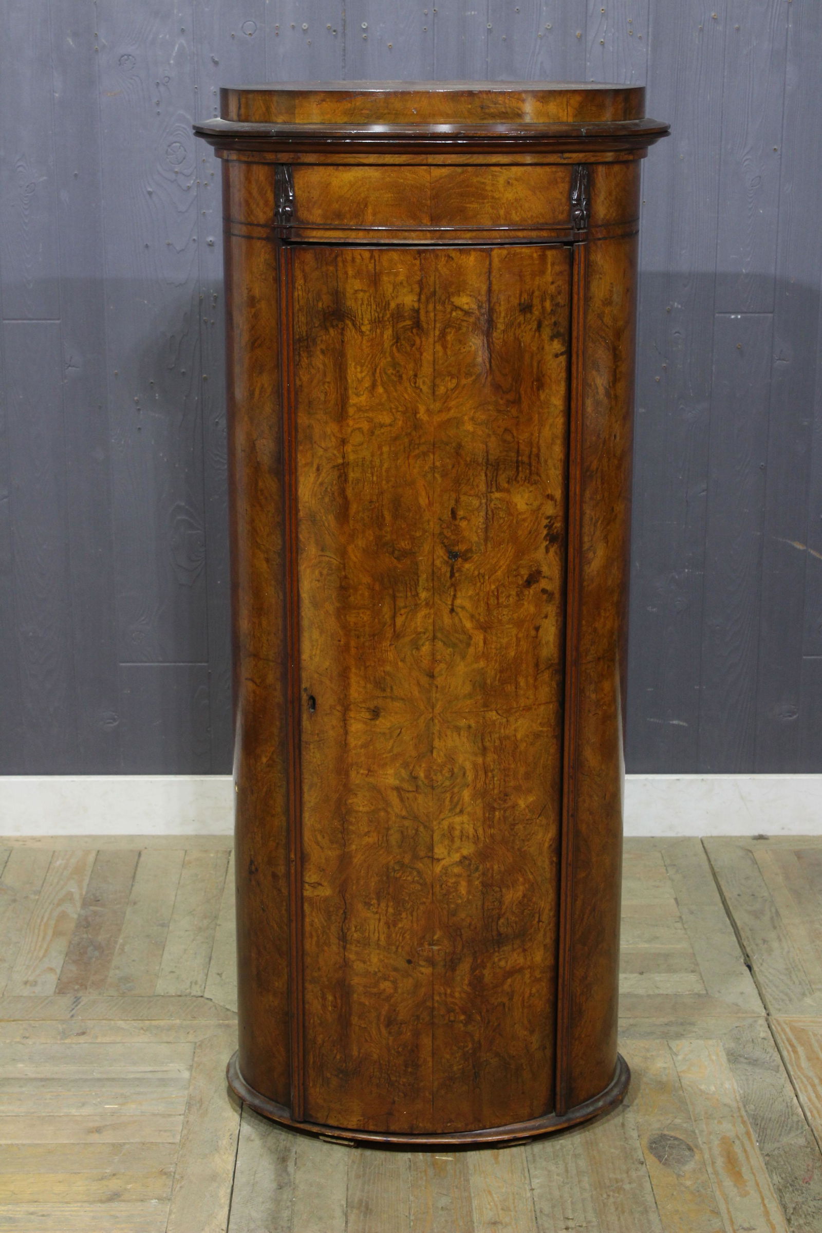 19th C. Biedermeier Figural Burl Pedestal Cabinet: 19th C. Biedermeier Figural Burl Pedestal Cabinet. Size: 53.5" x 23.5" x 15"