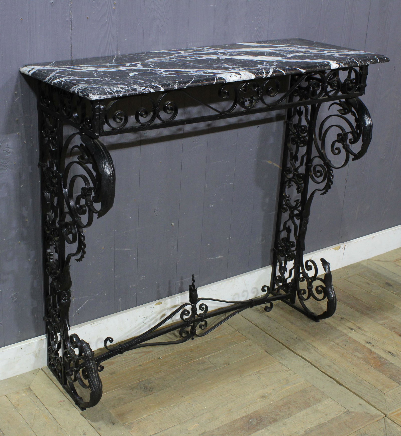 Marble Top Wrought Iron Console c.1910: Marble Top Wrought Iron Console c.1910. Size: 39" x 41" x 15.5"