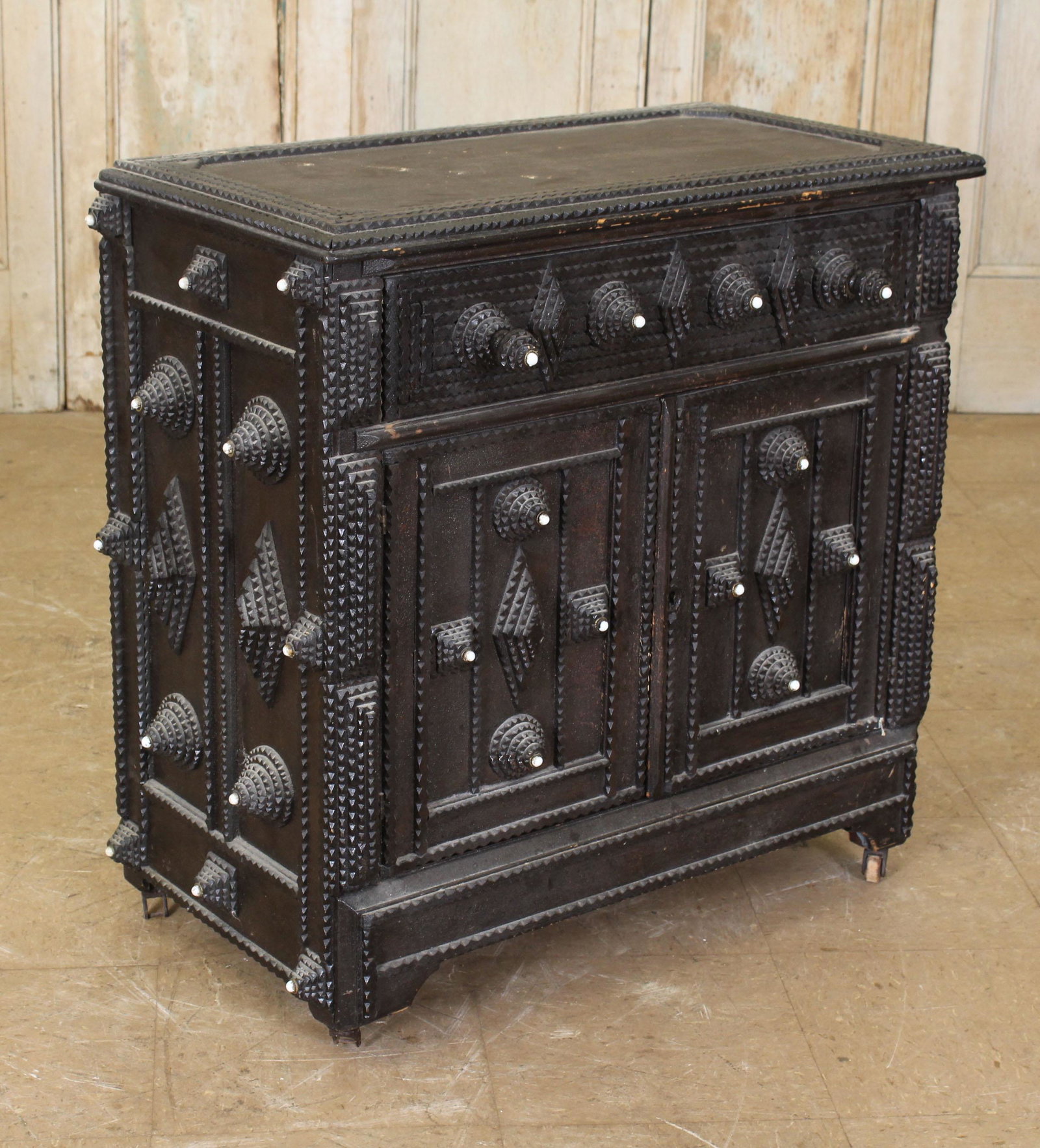 Folk Art Tramp Art Stand: Folk Art Tramp Art Stand. With 2 drawers over 2 doors. Size: 30.75" x 31.5"