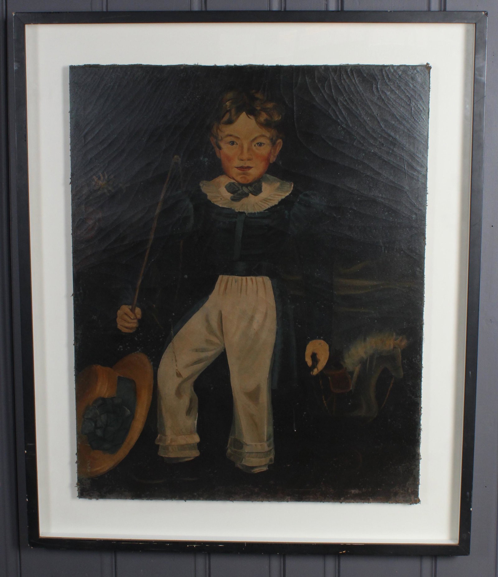 Folk Art Painting of a Sailor Boy: Folk Art Painting of a Sailor Boy. framed under glass. Size: frame 49" x 41", canvas 39" x 31"