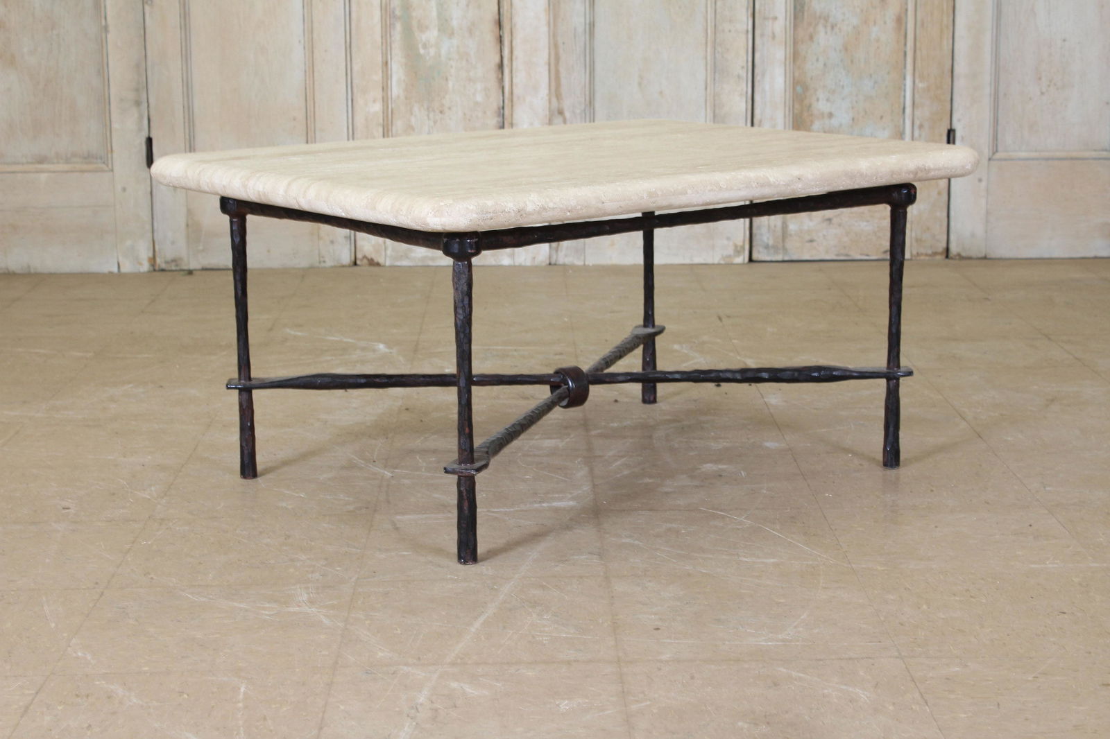 Giacometti Style Low Table: Giacometti Style Table. With travertine top. Size: 18.5" x 38" x 30"