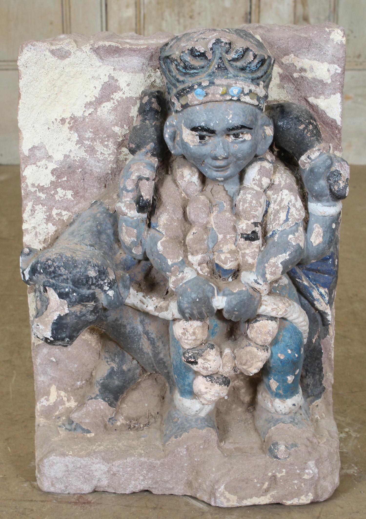 Relief Carved Stone Krishna Temple Fragment: Relief Carved Stone Krishna Temple Fragment. Painted. Size: 21.5" H x 14" W x 6.5" D
