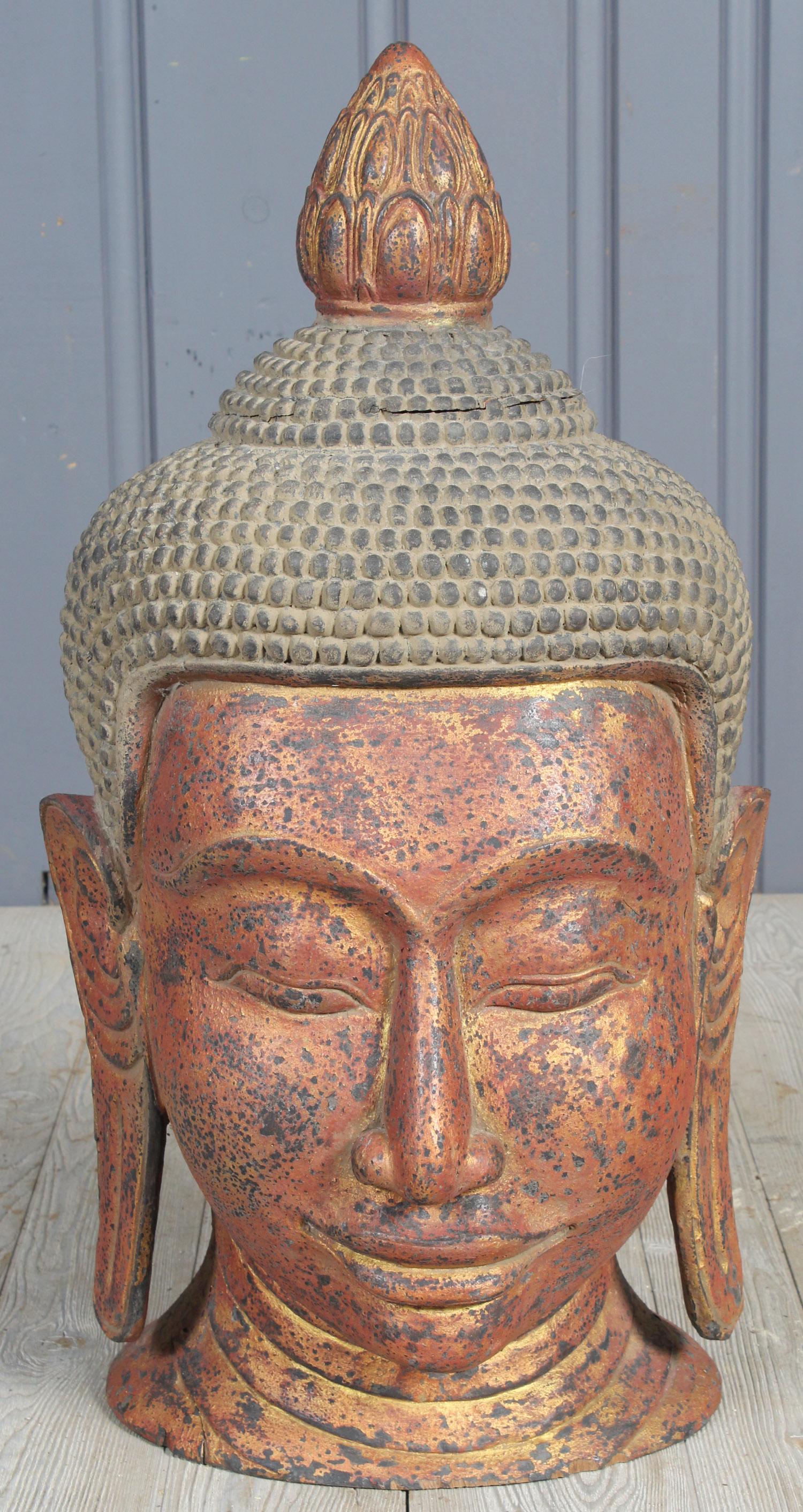 Large Scale Carved Timber Buddha Portrait: Large Scale Carved Timber Buddha Portrait. Size: 29.5" H x 14.5" W x 13" D