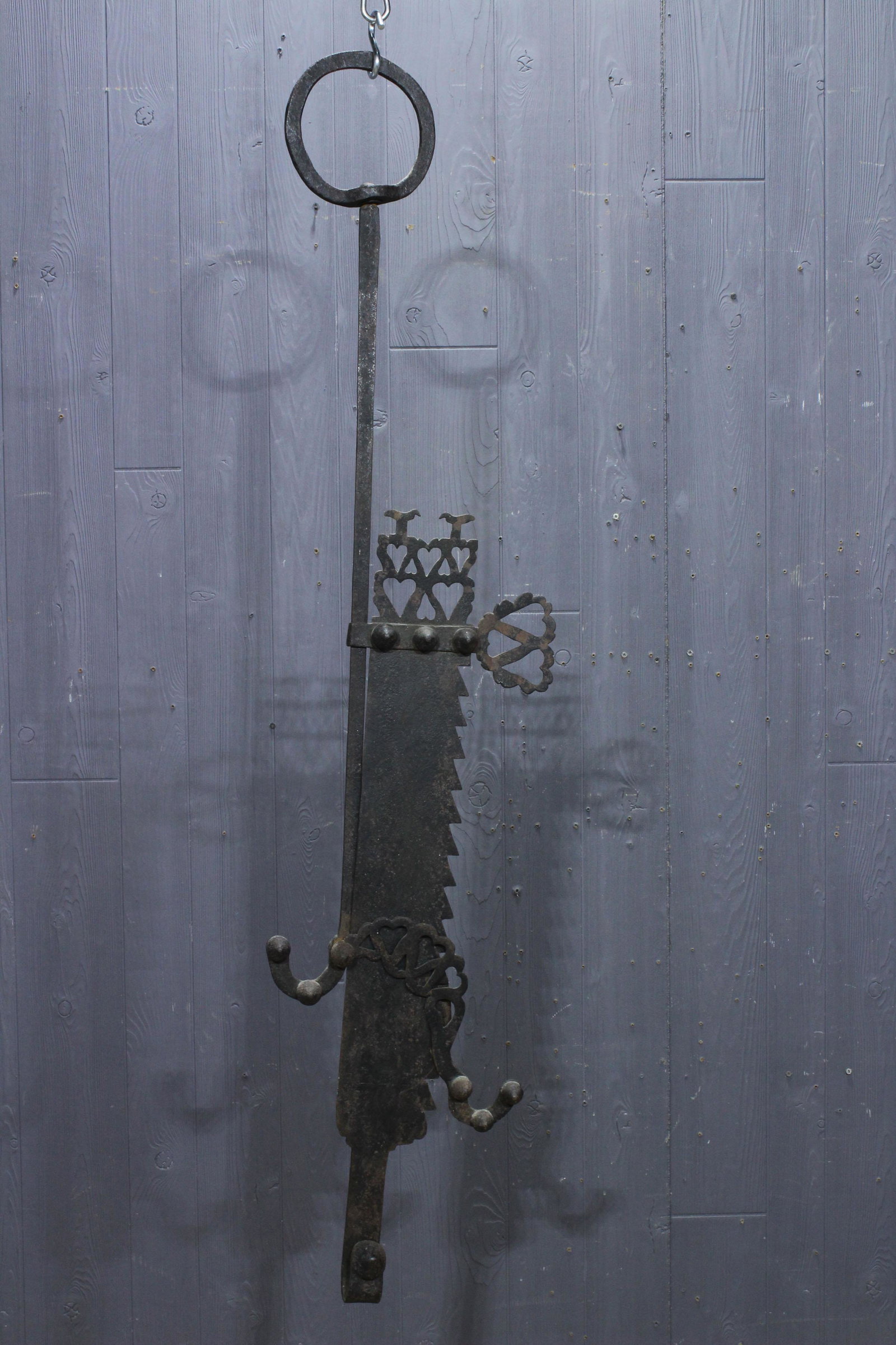 Antique Saw Tooth Fireplace Trammel: Antique Sawtooth Fireplace Trammel, incised with three crowns above three hearts and marked Ani 1786. Size: 42"H x 14.5"W x 2"D