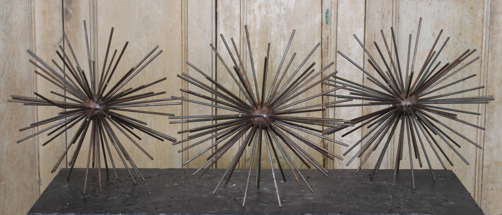3 Sputnik Orbs: A lot of 3 patinated metal sputnik form sculptures. Size: 15" H x 15" W x 15" D