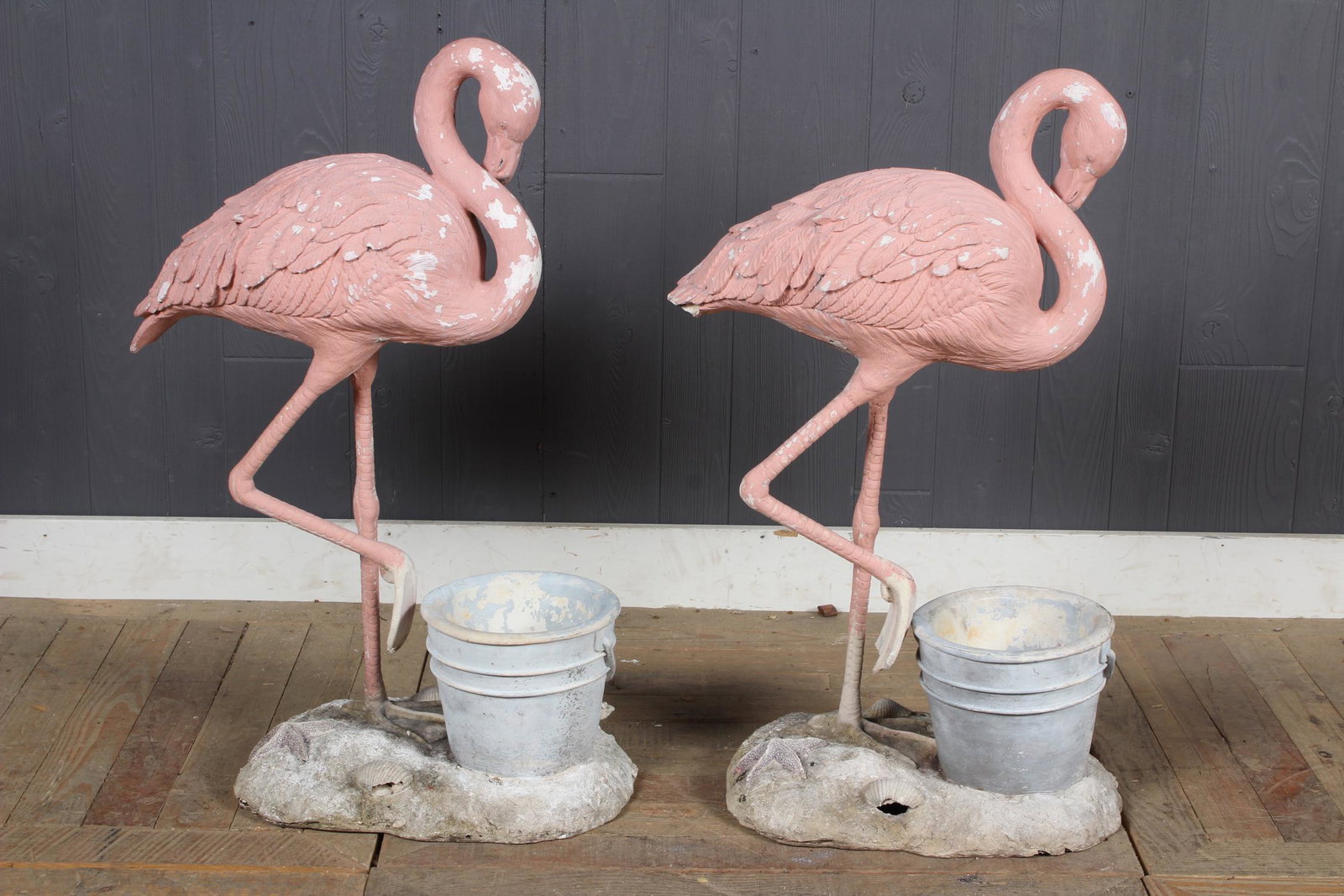 Pair Painted Garden Flamingos: Pair Painted Garden Flamingos. Size: 31" H x 10" W x 21" D