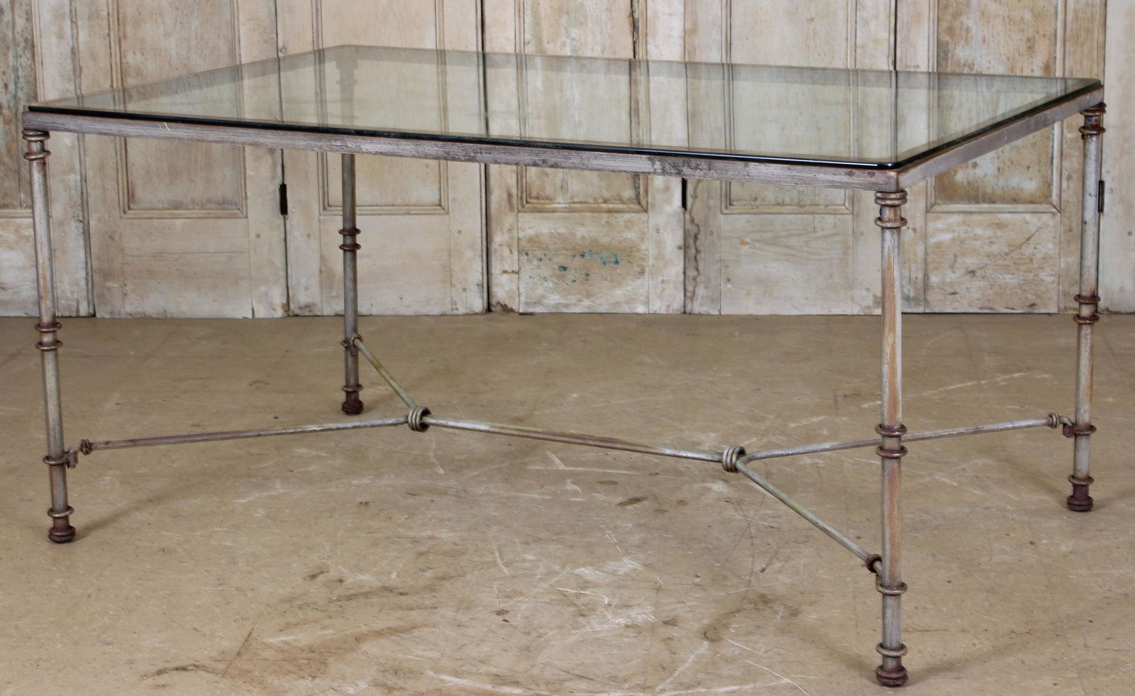 Glass Top Wrought Iron Garden Table Ringed Legs (1 of 6)