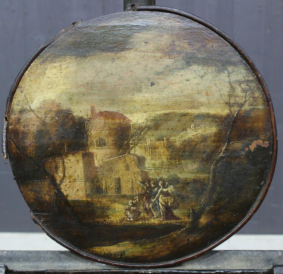 Antique Allegorical Painting: Antique Allegorical Painting. 3 Angels visit Abraham. OOB Inscribed DFAV on obverse. Size: 10.5" Diameter