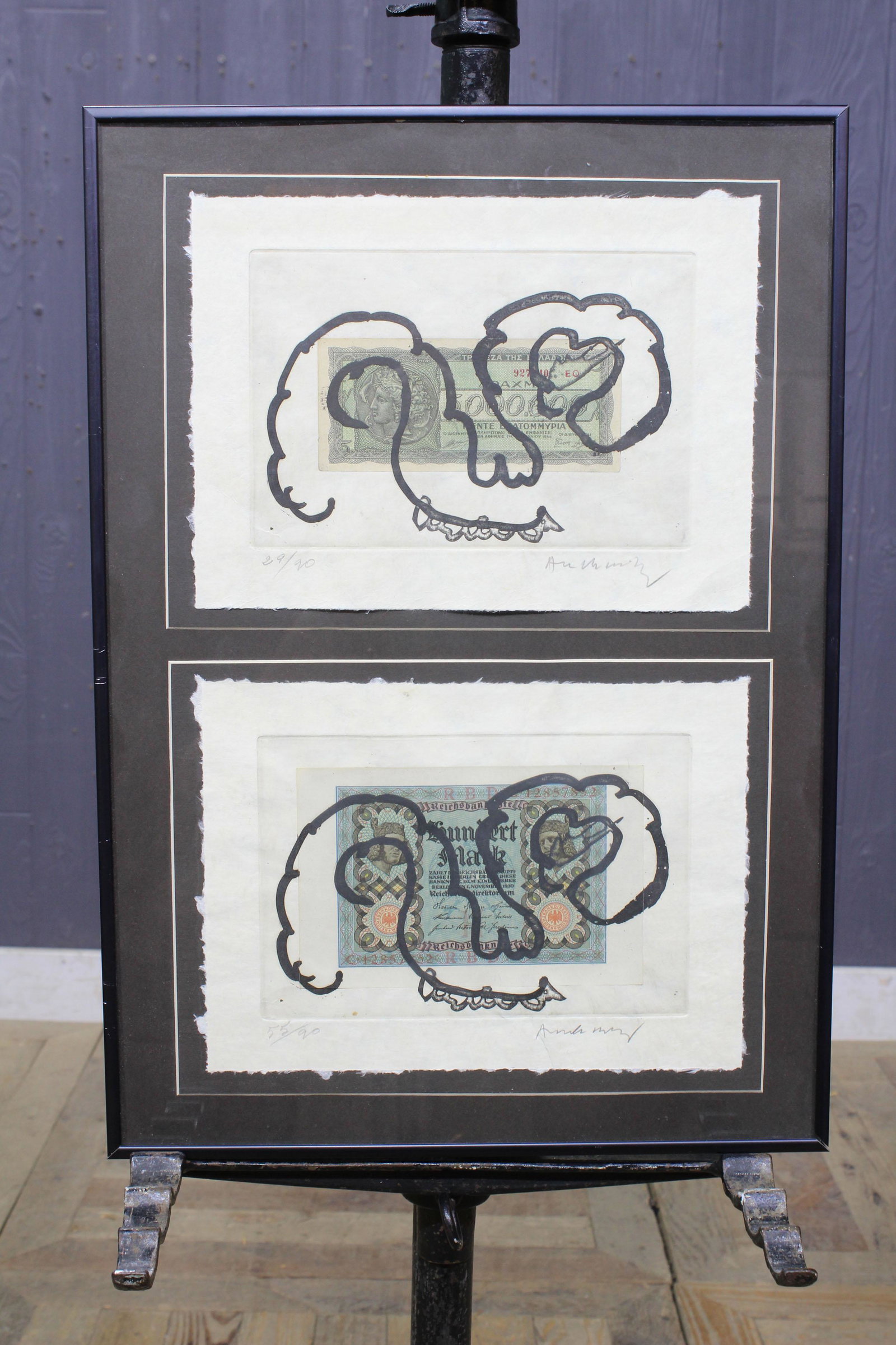 Mixed Media Drachmas and Marks Collage: Mixed Media Drachmas and Marks Collage. Signed Illegibly (Anthony?) Size: frame 20" x 14"