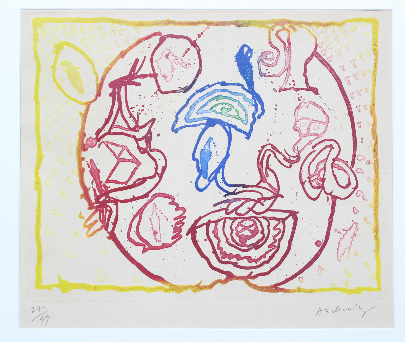 Modern Serigraph: Modern Serigraph. Signed illegibly. Size: Frame 23 1/2"H x 25 3/4"W x 3/4"D Sight 17"H x 19 1/2"W
