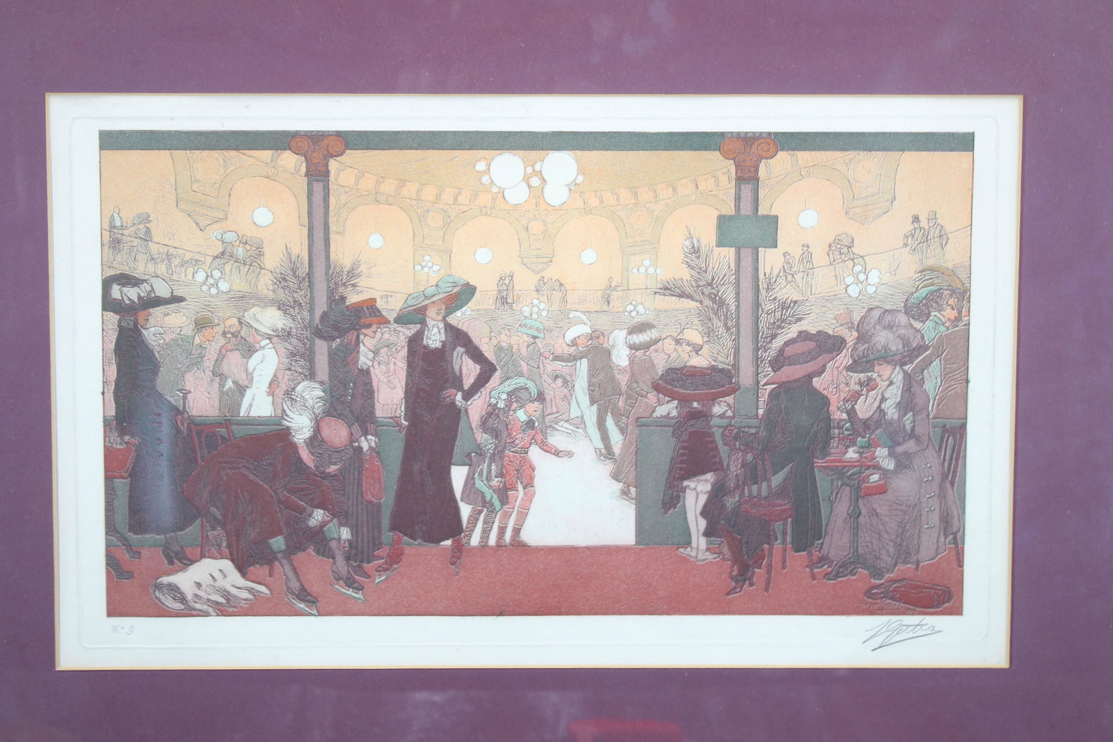 Pierre Gatier La Palais de Glace Aquatint: Pierre Gatier French Society Interior Scene. Size: Sight: 11.5" H x 19" W, Frame: 18.5" H x 26" W x 1" D.