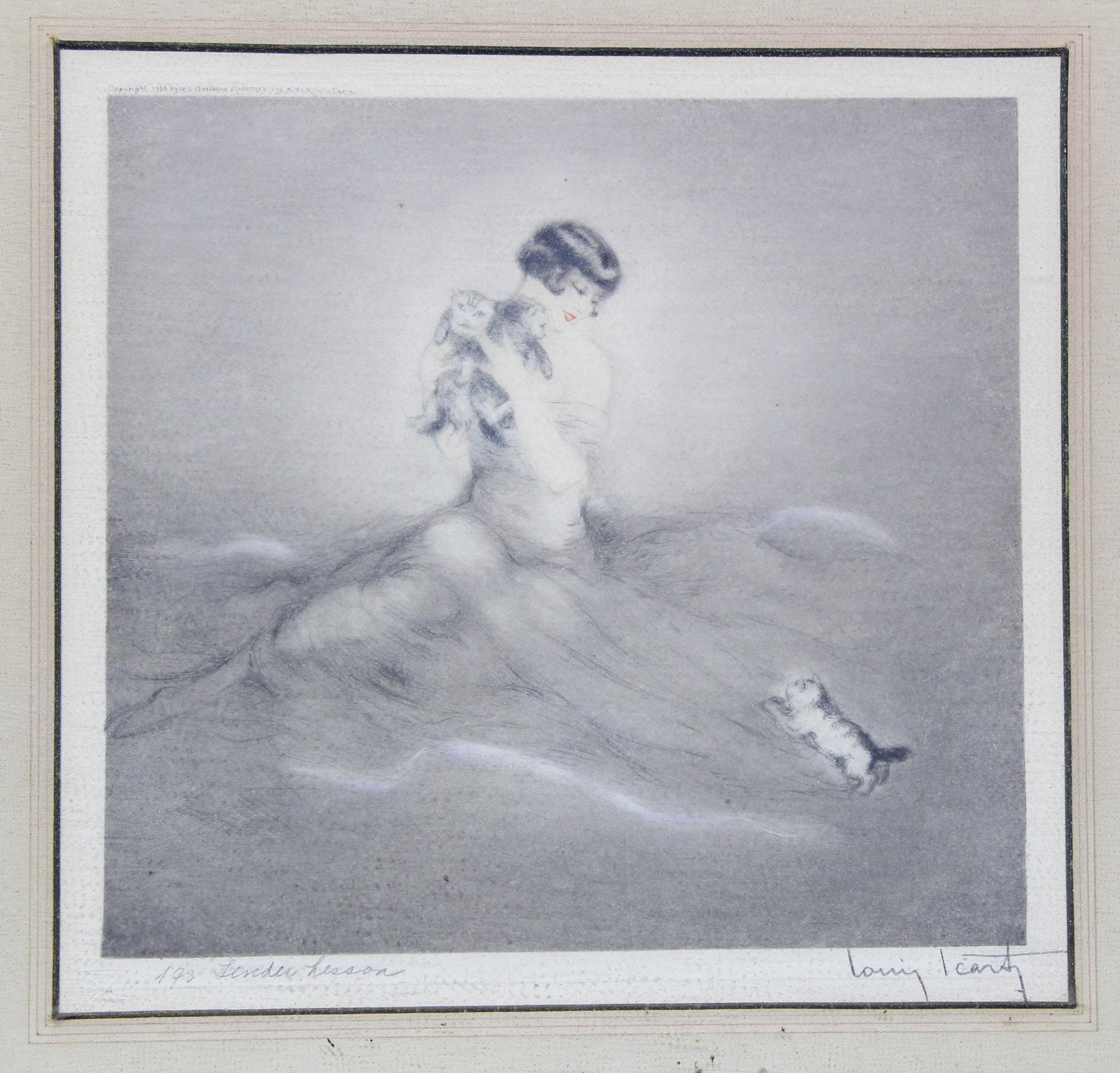 Louis Icart 1926 Tender Lesson Kittens Print: Louis Icart 1926 Tender Lesson Kittens Print. signed, numbered and titled in pencil, 173 Tender Lesson, Louis Icart, published by Les Graveurs Modernes. Size: frame 17.75" x 17.75 sight 10.5" x 11"