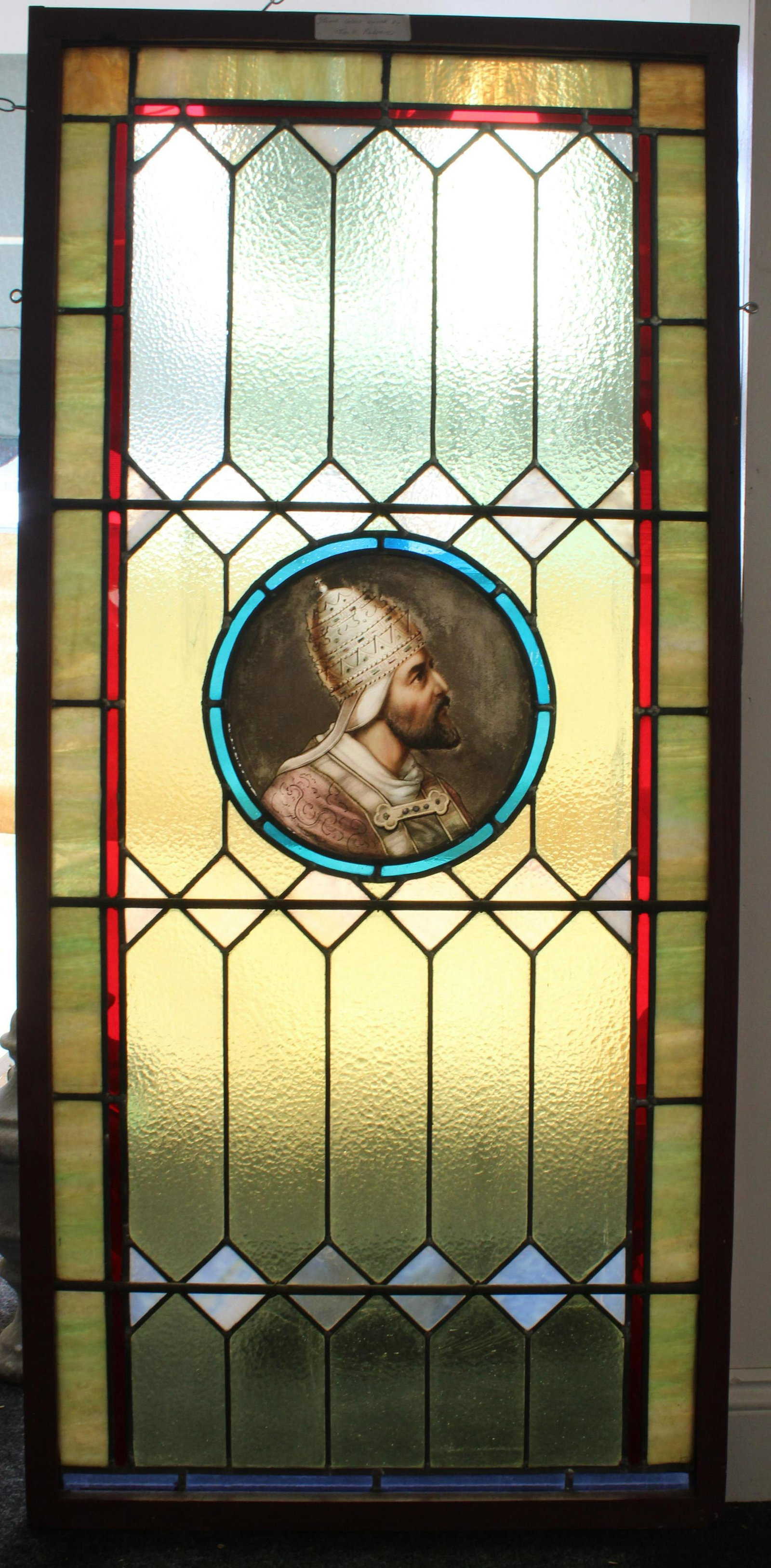 Persian Qajar Style Stained Glass Panel: Persian Qajar Style Stained Glass Panel. Size: 56" x 26"