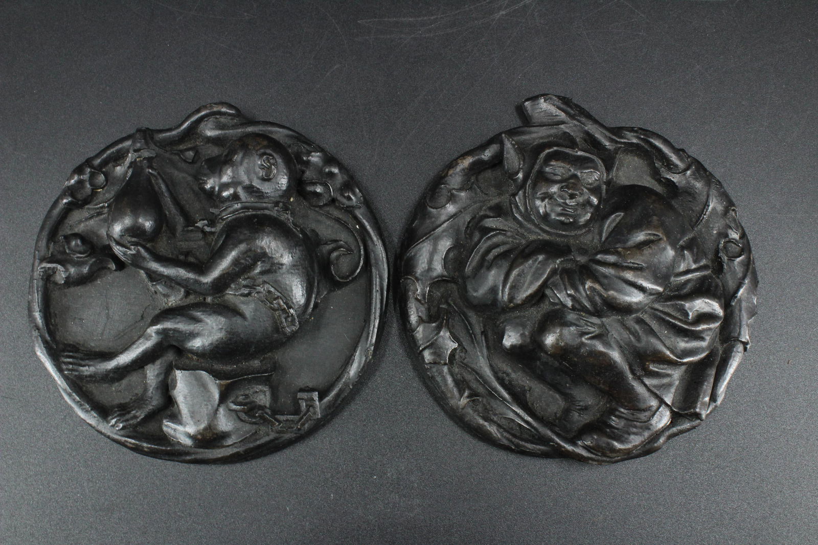 Pair Medieval Style Cast Medallions: Pair Medieval Style Cast Medallions. Probably cast architectural devices. Size: 6"H x 5.5"W x 1"D