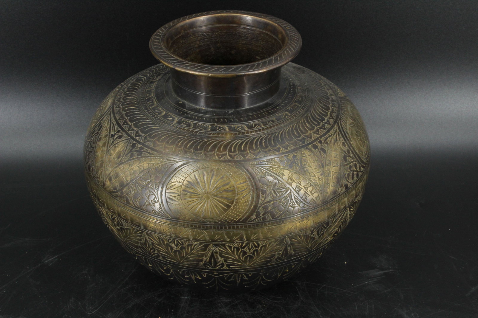 Damascene Style Chased Bronze Vessel: Damascene Style Chased Bronze Vessel. Size: 10"H x 10.5"W x 10.5"D