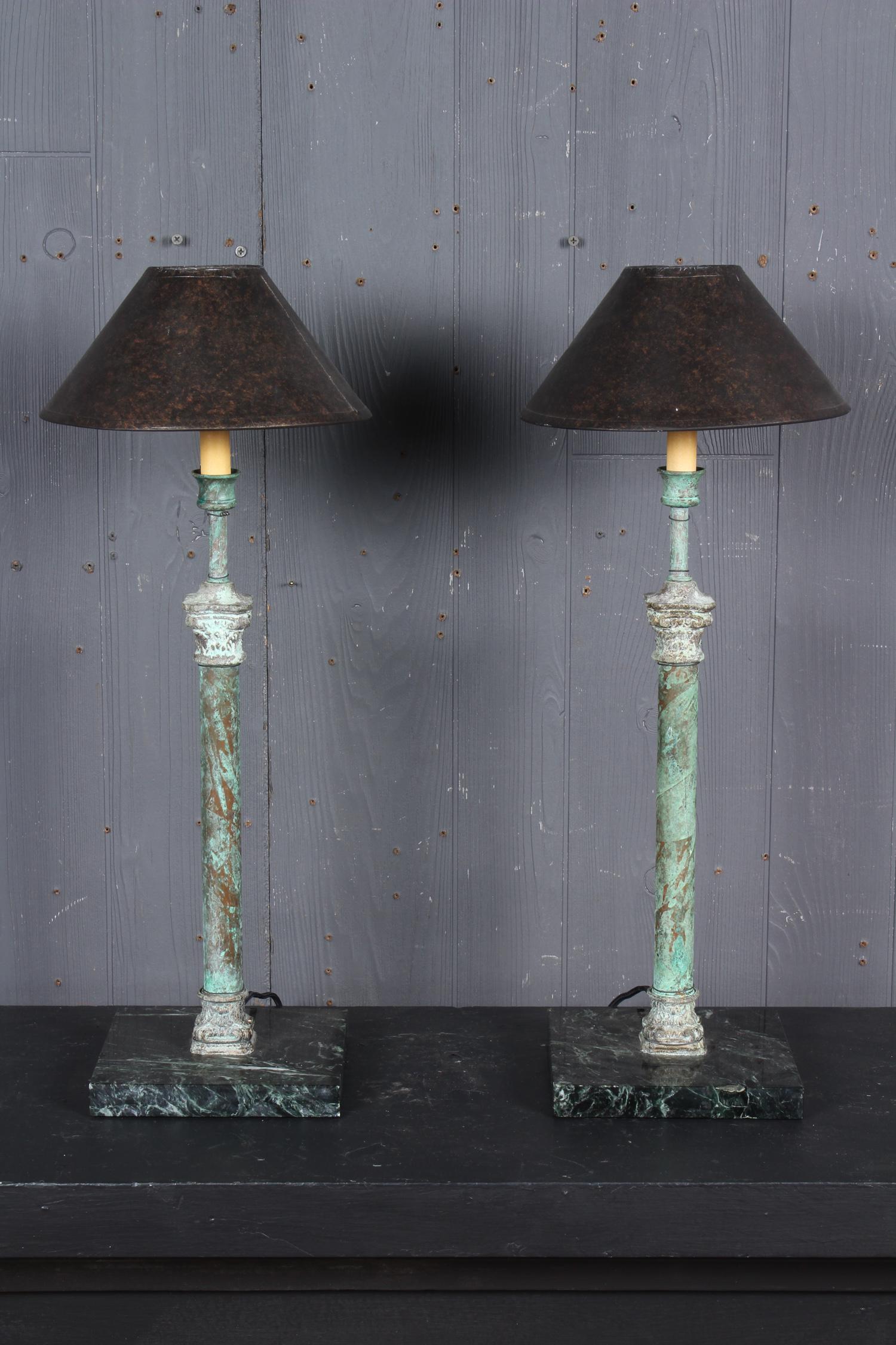 Pair Bronze Column Lamps: Pair Bronze Column Lamps, green marble bases. Size: 23" H x 9" W x 9" D