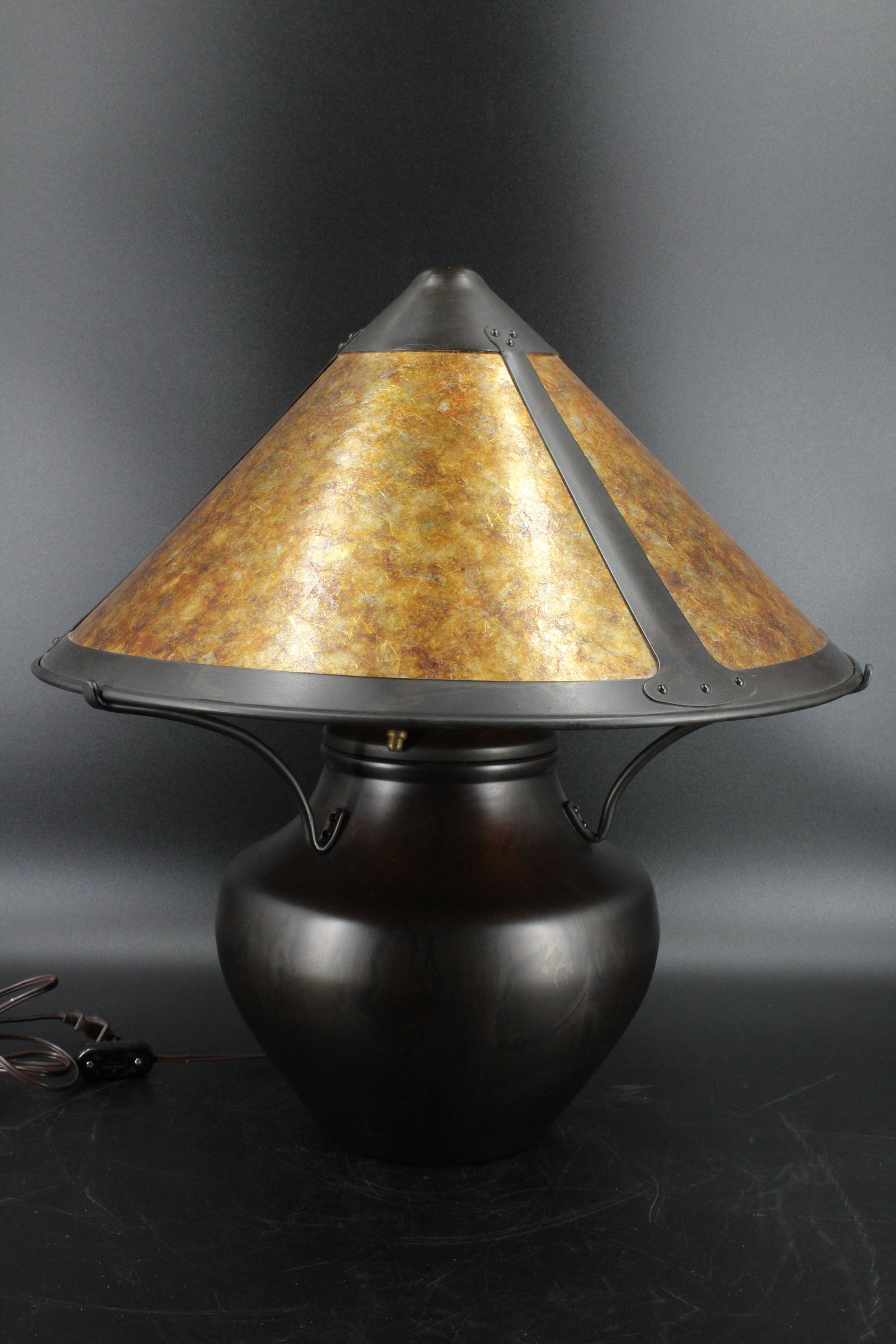 Arts & Crafts Style Mica Shade Lamp: Arts & Crafts Style Mica Shade Lamp, triple socket, labeled on bottom Mica Lamp Co. Glendale, CA, Solid Copper. Incised hallmark on bottom, shade labeled Mica Lamp Co. USA 981071. Size: 23" H x 21" Di