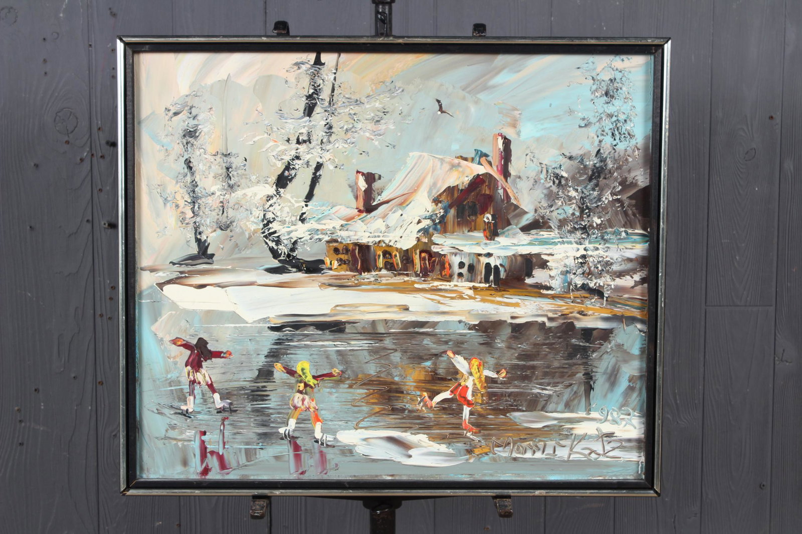 Morris Katz Pond Skaters Oil on Board: Morris Katz Pond Skaters Oil on Board, (American, 1931-2010), signed and dated lower right Morris Katz 1987. Size: Framed: 21" H x 25" W x 1.5" D; Sight: 20" H x 24" W