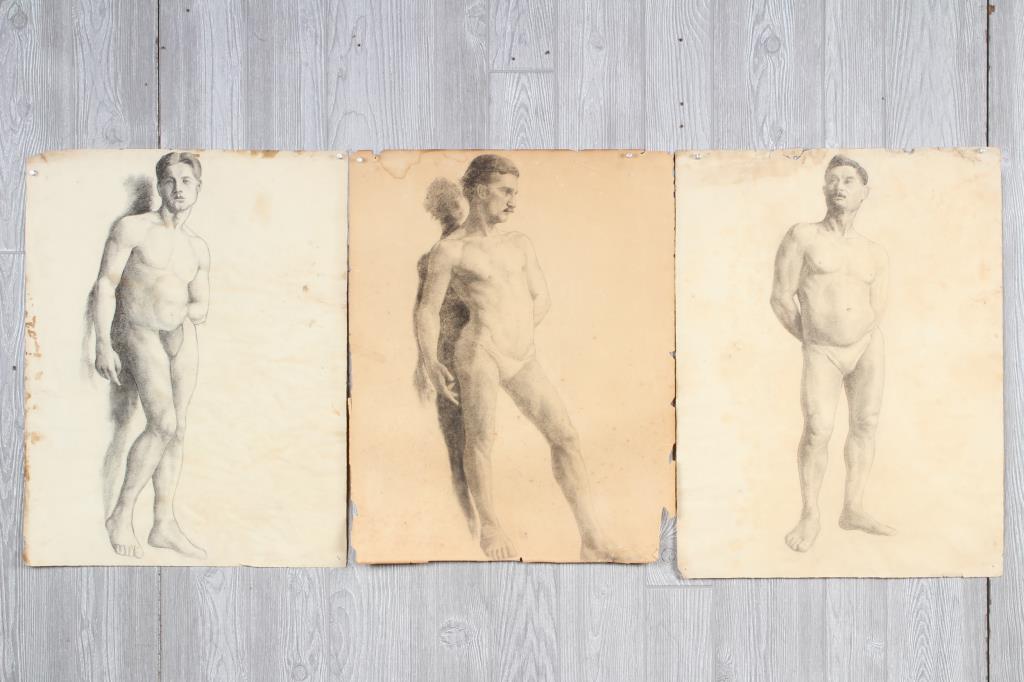 3 Academic Male Nude Study Drawings Attr Hinckle: 3 Academic Male Nude Study Drawings Attr Hinckle. Size: Largest: 24" H x 19" W
