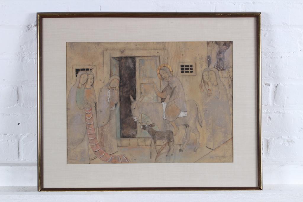 Mario Toppi (Italian American, 20th Century) mixed: Mario Toppi (Italian American, 20th Century) mixed media allegorical work on paper, framed under glass. Size 18" x 22" frame