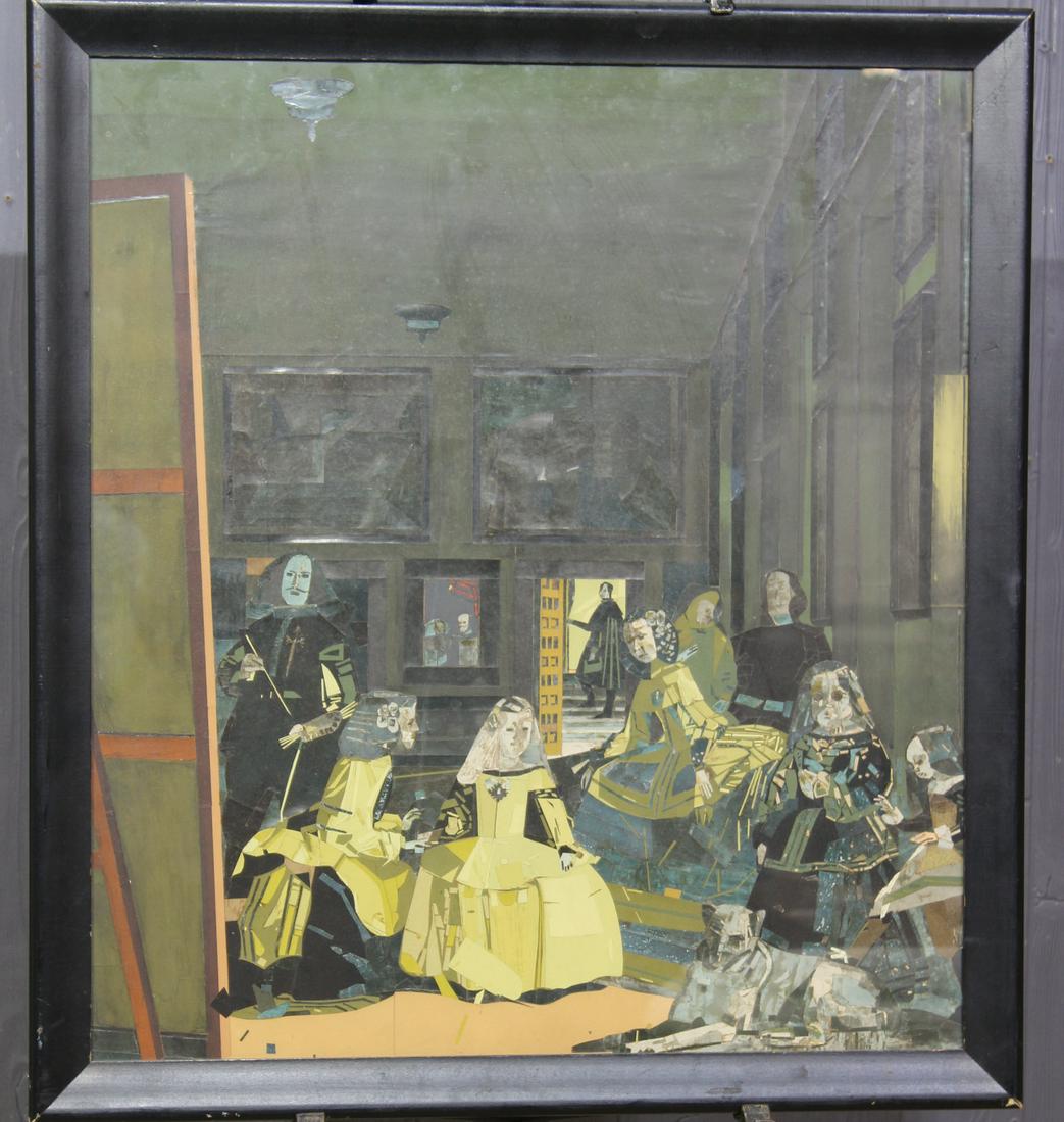 Mixed Media Gallery Scene Decoupage: Mixed Media Gallery Scene Collage. Size: Frame: 28" H x 25.5" W x 1" D; Sight: 25" H x 22.5" W