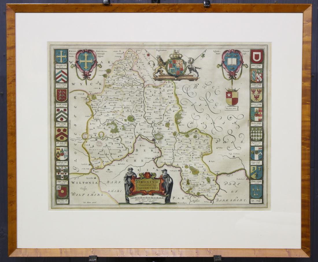 Blaeu Map of Oxfordshire: Blaeu Map of Oxfordshire, Oxonium Comitatus, Vulgo, Oxfordshire. map bordered by university coat of arms on both sides. Size: Frame: 23" H x 28" W x 1.5" D; Sight: 15.5" H x 20.5" W