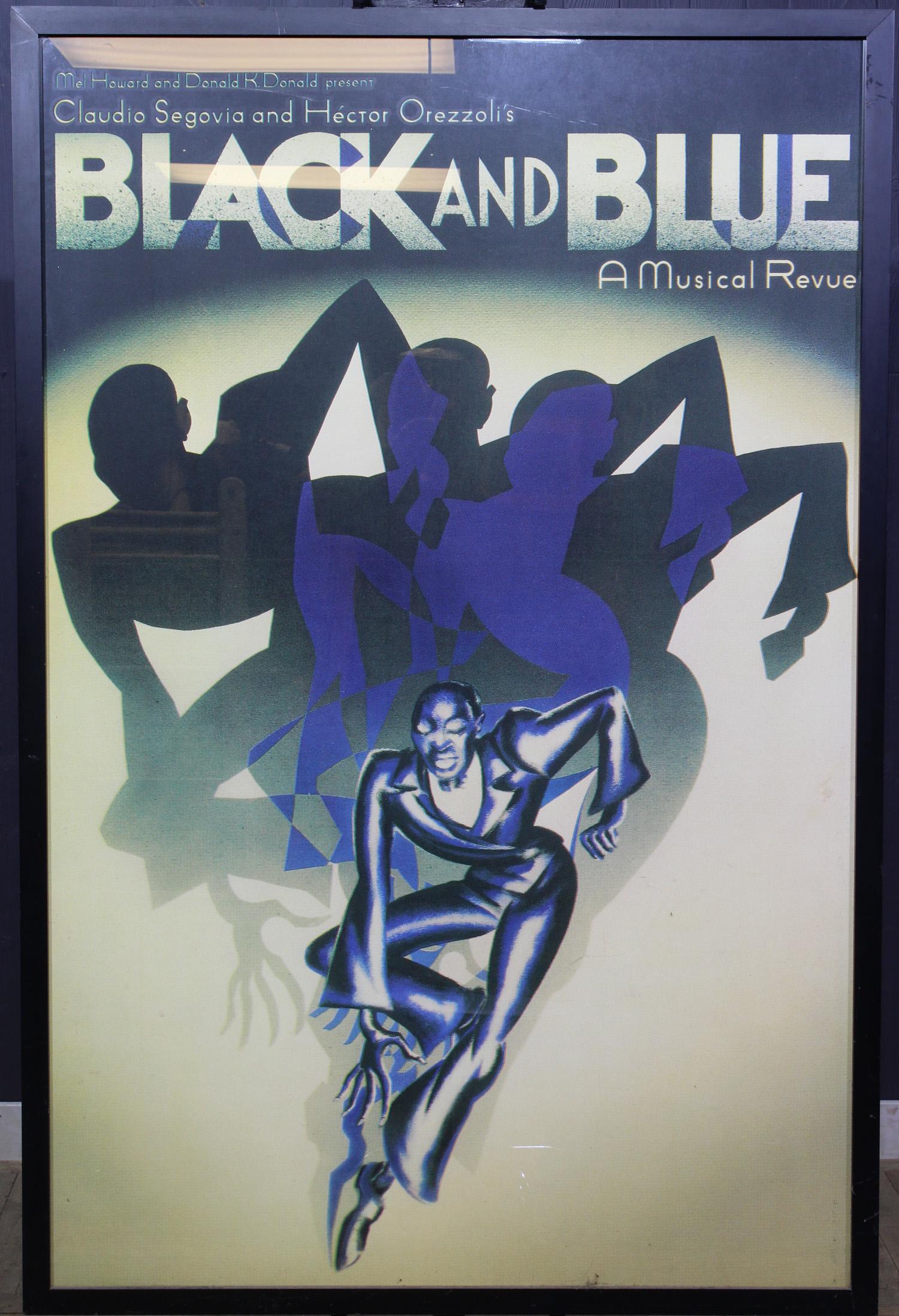 Vintage Black and Blue Theater Poster: Vintage Black and Blue Theater Poster. For Segovia and Orezzoli's Musical Revue. Late 80's. Size: Frame: 67" H x 44" W x 1.5" D; Sight: 64" H x 41" W