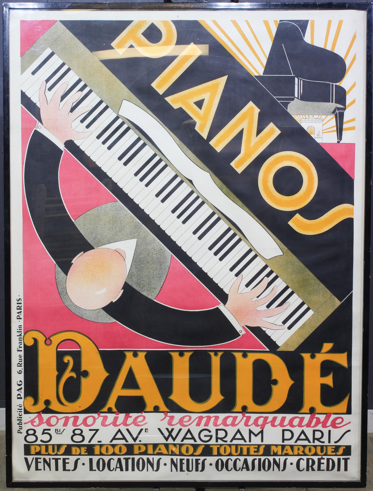Vintage French Piano Retailer Advertising Poster: Vintage French Piano Retailer Advertising Poster. Size: Frame: 63.5" H x 48" W x 2" D; Sight: 61.5" H x 46" W