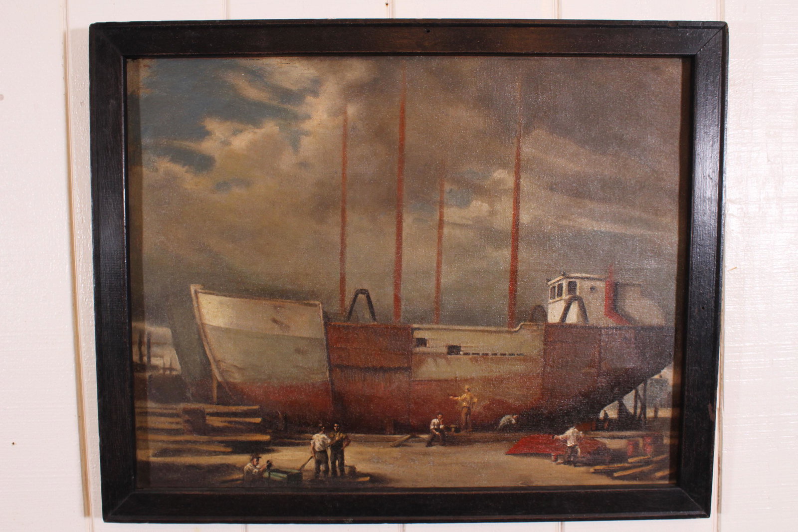 WPA Inspired Shipbuilding Scene: Oil on Canvas Shipbuilding Scene. Size: Sight: 20.75" H x 26.5" W, Frame: 24" H x 30" W. ***Please Note: This is an on-site online auction with specific Pick up terms and conditions. Pick up day is sc