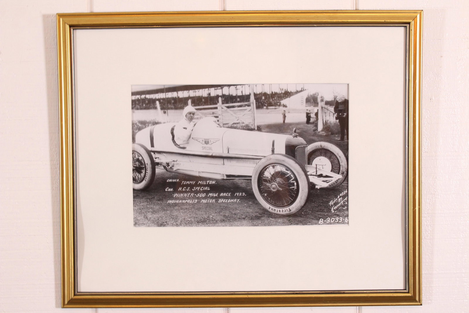 Indy 500 Mile Race Winner 1923 Photograph: Framed Indianapolis 500 Mile Race Winner 1923, photograph, Driver: Tommy Milton, Car: H.C.S. Special, Winner 500 Mile Race 1923, Indianapolis Motor Speedway, Photo #4324 by Kirkpatrick B-3033-6. ***Pl