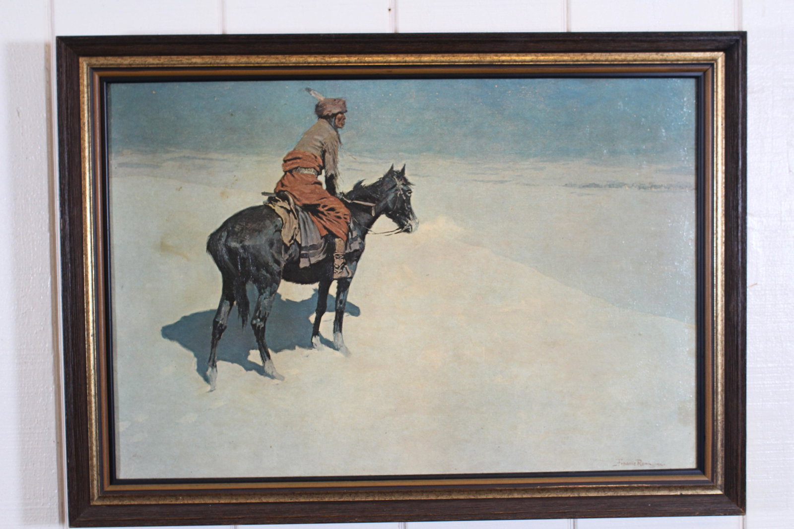 After Remington. The Scout - Friends or Enemies: Oil on Canvas The Scout - Friends or Enemies, Frederick Remington, artist info card on verso "The Scout - Friends or Enemies, ca. 1890, Frederick Remington, American, 1861-1909". ***Please Note: This 