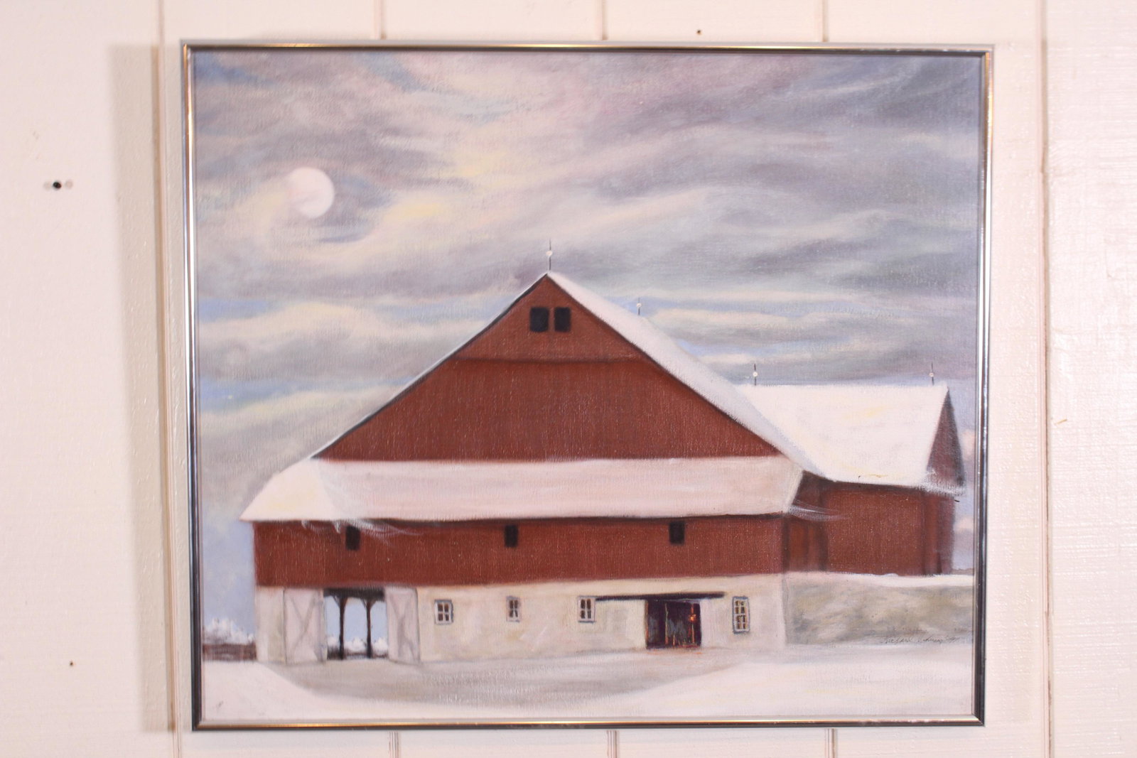 Winter Barn Scene Signed Richard Johnson: Oil on Canvas Barn Winter Scene, signed lower right Richard Johnson '91. ***Please Note: This is an on-site online auction with specific Pick up terms and conditions. Pick up day is scheduled for 8/29